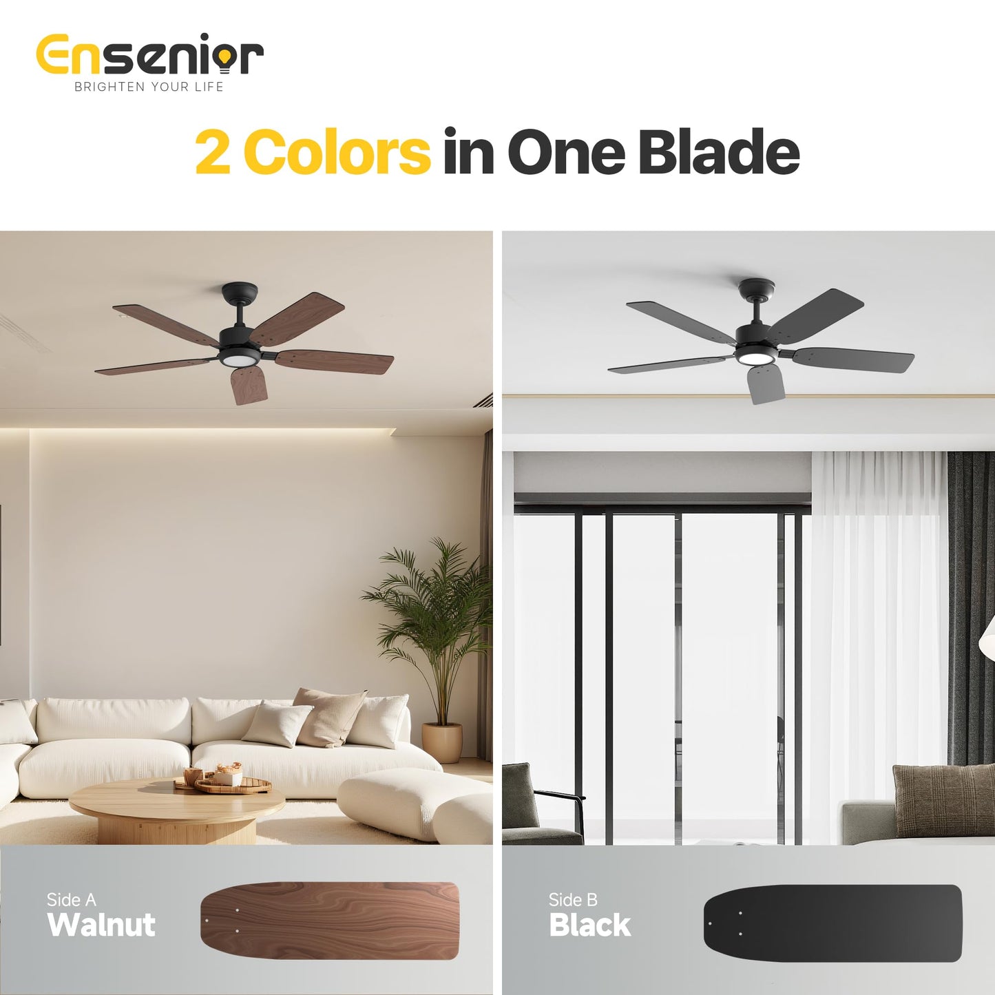 Ensenior 52 inch ceiling fan with light and remote, Noiseless Reversible DC Motor Fandelier Ceiling Fan, 6 Speeds, 3CCT, Black Modern Ceiling Fan for Bedroom and Living Room, 5 Dual-Finish Blades