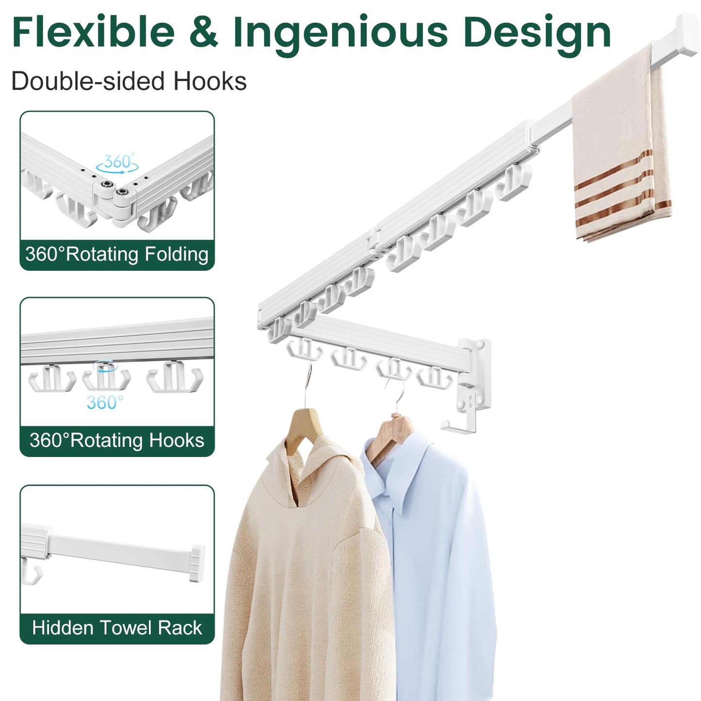 Kelisiting Wall Mounted Clothes Drying Rack, Laundry Drying Rack Wall Mount, 3-Fold Drying Rack Clothing, Foldable Clothes Drying Rack with 12 Dual Hooks Organization for Laundry Room Indoor - White