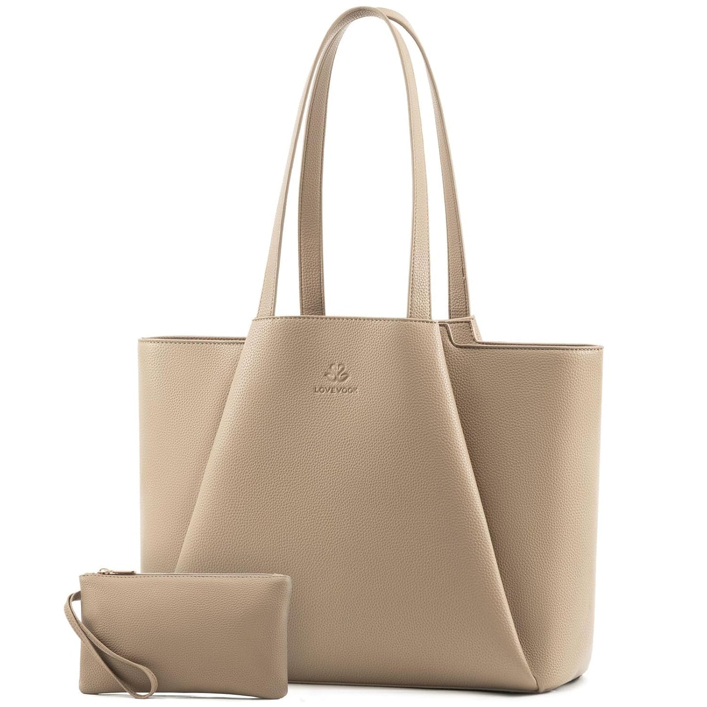 LOVEVOOK Laptop Tote Bag for Women 17 Inch Work Bag Leather Laptop Bag with Clutch, Large Capacity Office Purse Computer Briefcase Shoulder Bag for Casual Business Travel, Sandy