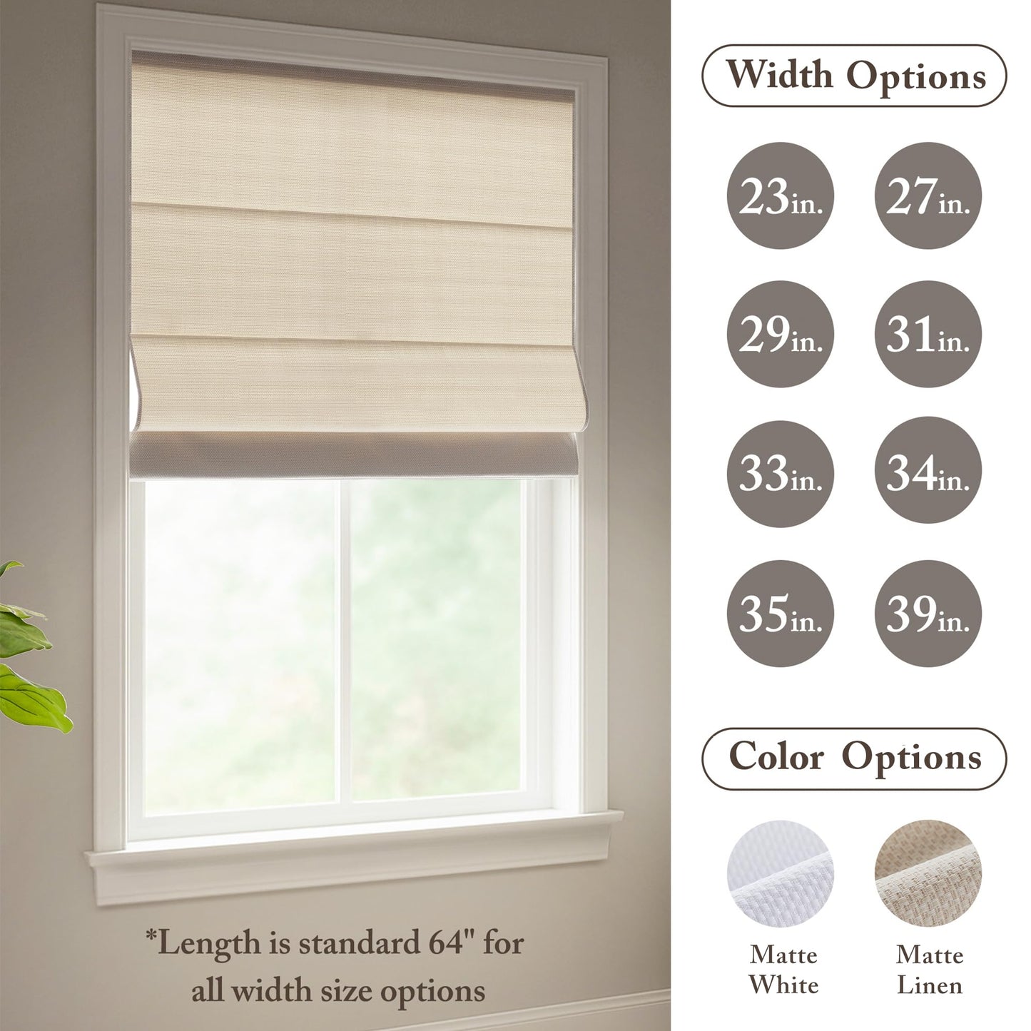 Madison Park Galen Matte Linen Cordless Roman Shades - Fabric Privacy Single Panel Darkening, Energy Efficient, Thermal Insulated Window Blind Treatment, for Home, Living Room Decor, 31" W x 64" H