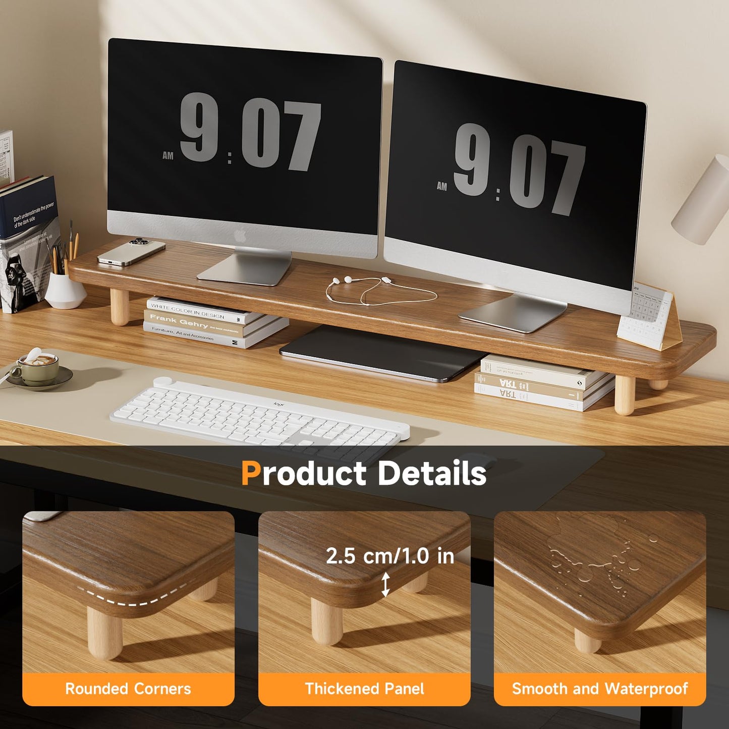 Dual Monitor Stand Riser, 39 Inch Extra Long Wooden Desktop Monitor Riser with Storage for 2 Monitors Ultra Strong Desk Shelf Organizer Riser Ergonomic for 2 Screens/Laptop/PC/TV/Printer (Walut brown, 39inches)