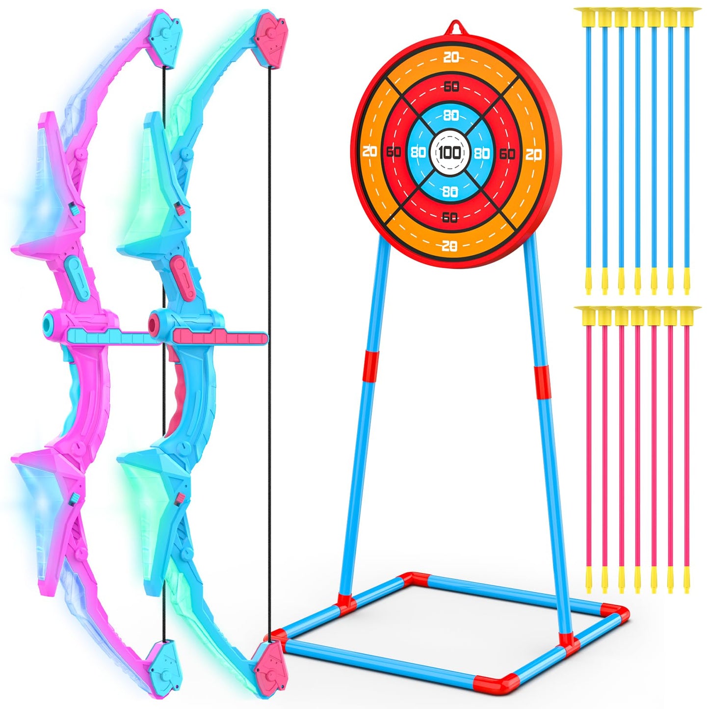 2 Pack Bow and Arrow Sets for Kids, Lighted Bow Toy Set with 14 Suction Cup Arrows and Standing Lens, Perfect Indoor Outdoor Toys Gifts Ideas