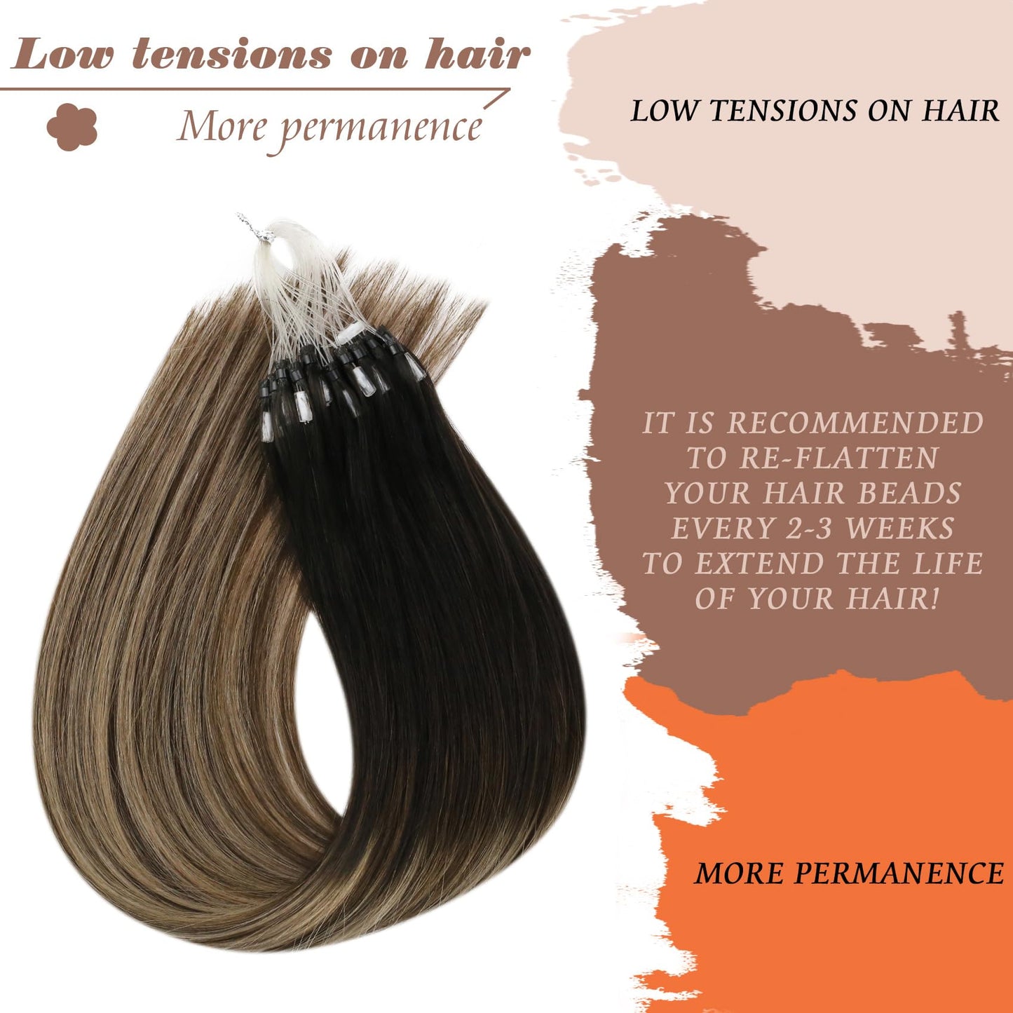 Sunny Hair Micro Loop Hair Extensions Real Human Hair Soft Micro Ring Hair Extensions Human Hair Black Balayage Dark Brown Ombre Medium Ash Blonde Micro Hair Extensions Black for Women 50g 20inch