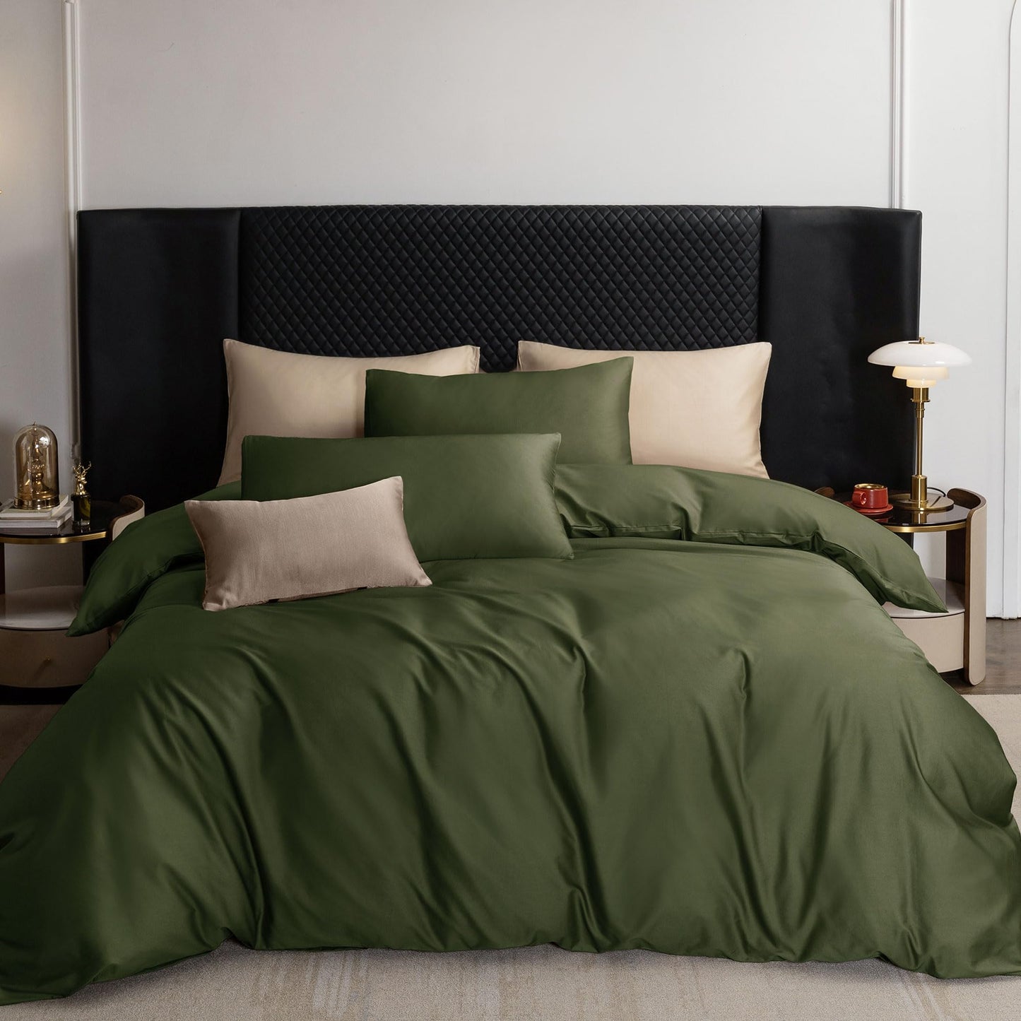 MooMee Duvet Cover Set 100% Extra Long Staple Cotton 600 Thread Count Silky Sateen Smooth Luxury Soft Breathable Durable Hotel Quality Bedding, 3 Pieces (Olive Green, Queen 90"x90")