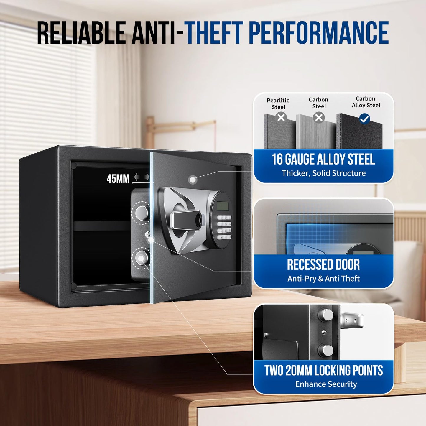 BlackSmith Home Biometric Safe 1.0 Cub - Fingerprint Recognition Box With Keys, Keypad Lock, LCD Display, Dual Alarm System - Wall Mount Cabinet for Jewelry and Valuables, Black