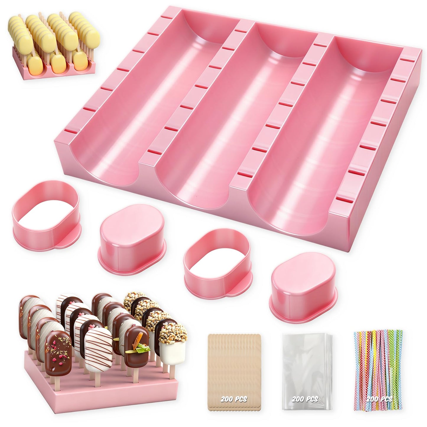 Yiyiring 1 Set Cutter, Cake Pop Mold, Cake Pop Cutter and Pusher Press Set with Tray and 3 Types of Packaging Accessories, Baking Tools for Home, Birthday, Parties, Wedding Desserts(2 Pcs,Cakesicle)