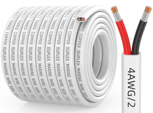 4 Gauge Marine Wire, 4/2 Duplex Tinned Copper Marine Grade Cable, IP68 Waterproof/Corrosion-Resistant PVC Stranded 4 AWG Wire for Boat, Automotive, Solar, Trolling Motor, Battery (50FT/15M)