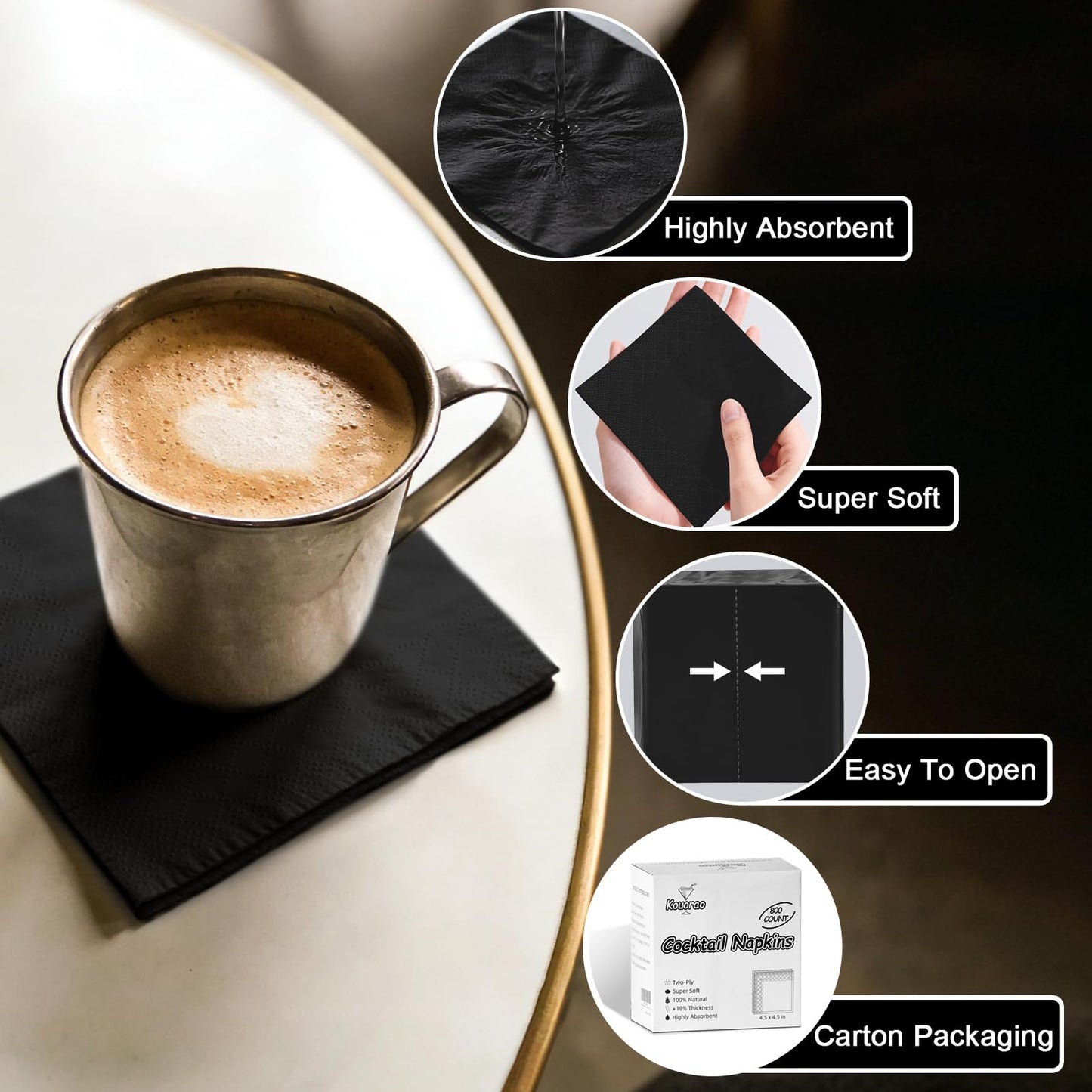 Kouorao Black Cocktail Napkins - 800 Count Disposable Paper Napkins, 2-Ply 4.5 x 4.5 Inch Beverage Napkins Bulk for Dinner Wedding Bar Party and Everyday Use