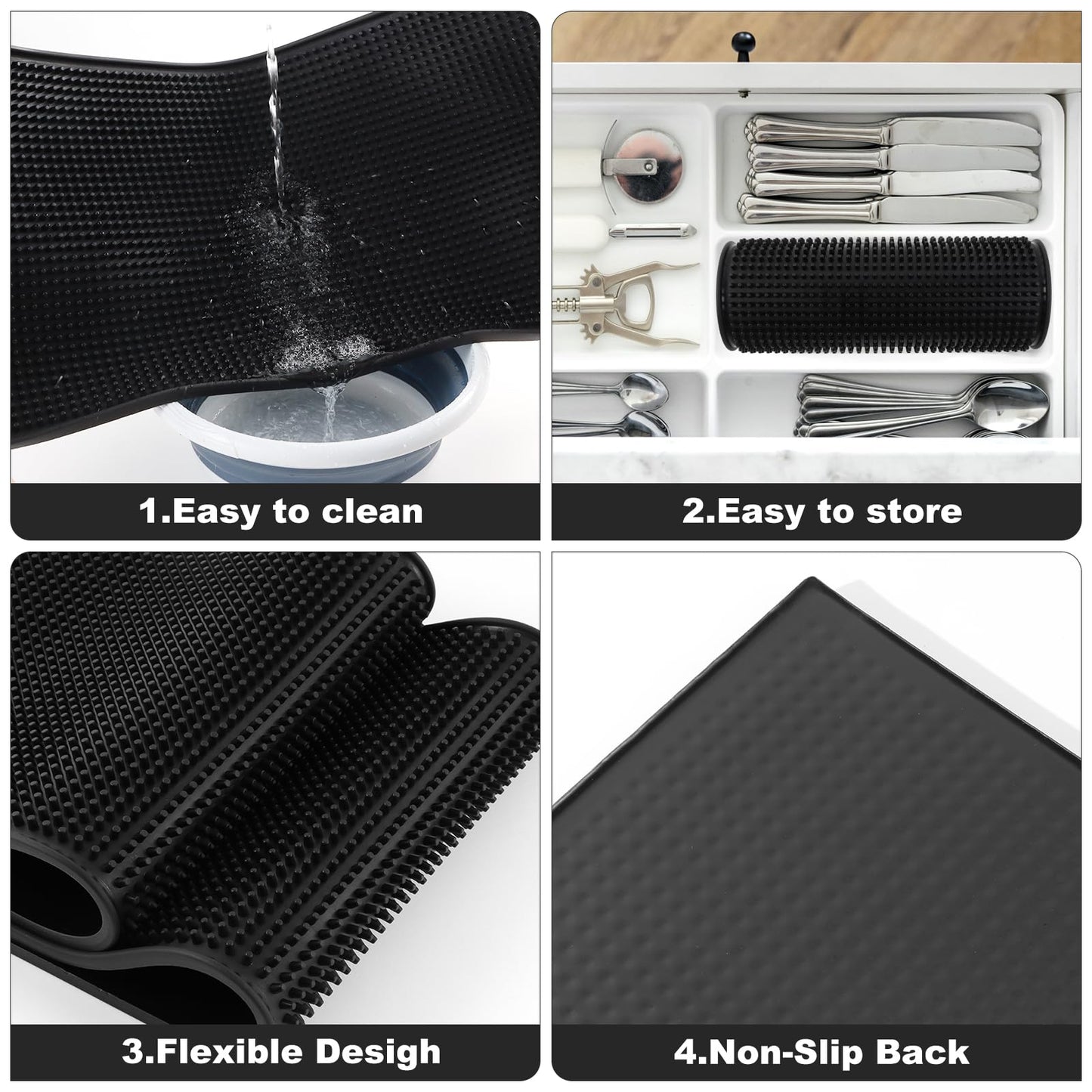 4 Pack Bar Mat, Dish Drying Mat, Large 31.5in x 12in Rubber Thick Durable Service Bar Mat for Home Kitchen Countertop Mat, Espresso Coffee Bar Mat, Black