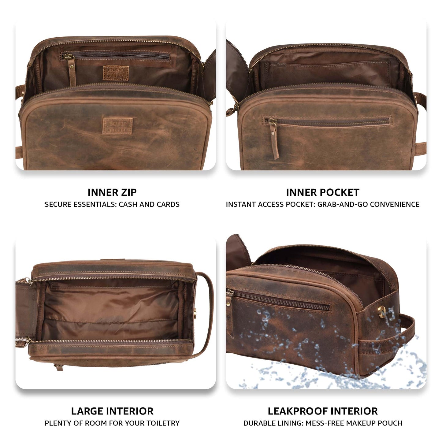 LEATHER VILLAGE Premium Leather Toiletry Travel Pouch With Waterproof Lining - Brown | King-Size Handcrafted Vintage Dopp Kit Bag
