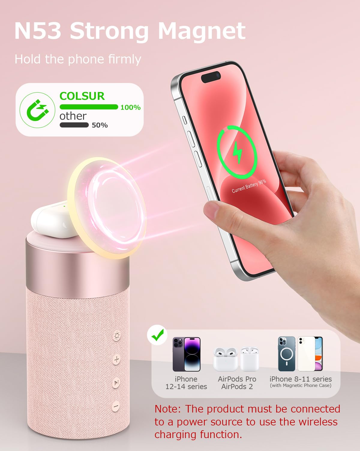 COLSUR Bluetooth Speaker with Night Light, Magnetic Wireless Charger, 2 in 1 Wireless Charging Station for iPhone 16/15/14/13/12 Series, AirPods Pro/3/2, Gift for Teens/Women/Girls/Boys/Man