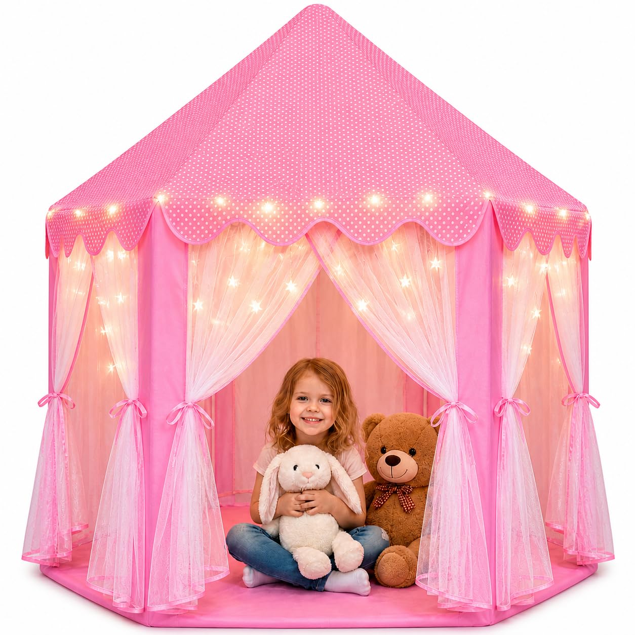 ORIAN Princess Castle Playhouse Tent for Girls with LED Star Lights – Indoor & Outdoor Large Kids Play Tent for Imaginative Games – ASTM Certified, Princess Tent, 230 Polyester Taffeta. Pink 55"x53".