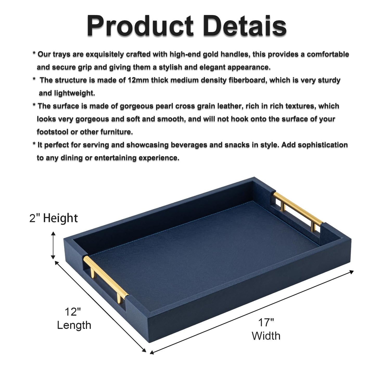 Navy Blue Faux Leather Serving Coffee Tray with Gold Handles,Rectangle Decorative Trays for Home Decor Large Ottoman Tray for Living Room