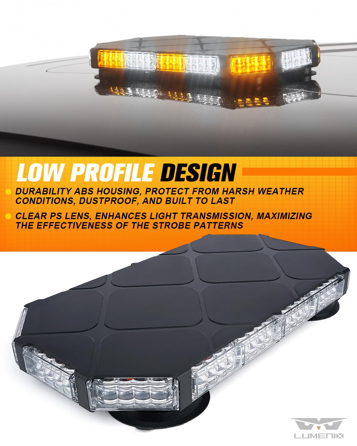 LUMENIX 56 LED Roof Top Strobe Beacon Lights Bar Rooftop Hazard Warning Emergency Safety Flashing Plow Light for Construction Vehicles Tow Commercial Trucks Postal Security Cars Snowplow - Amber White