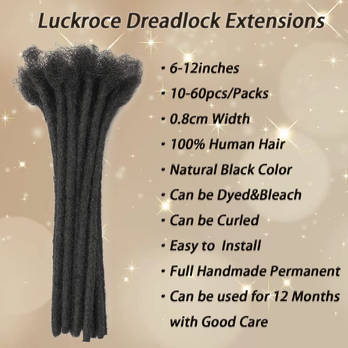 Luckroce 0.8cm Width 8Inch 40 Strands 100% Human Hair Dreadlock Extensions for Men/Women/Kids, Full Hand-made Permanent Dread Locs Extensions Human Hair Can Be Dyed,Curled and Bleached,Natural Black