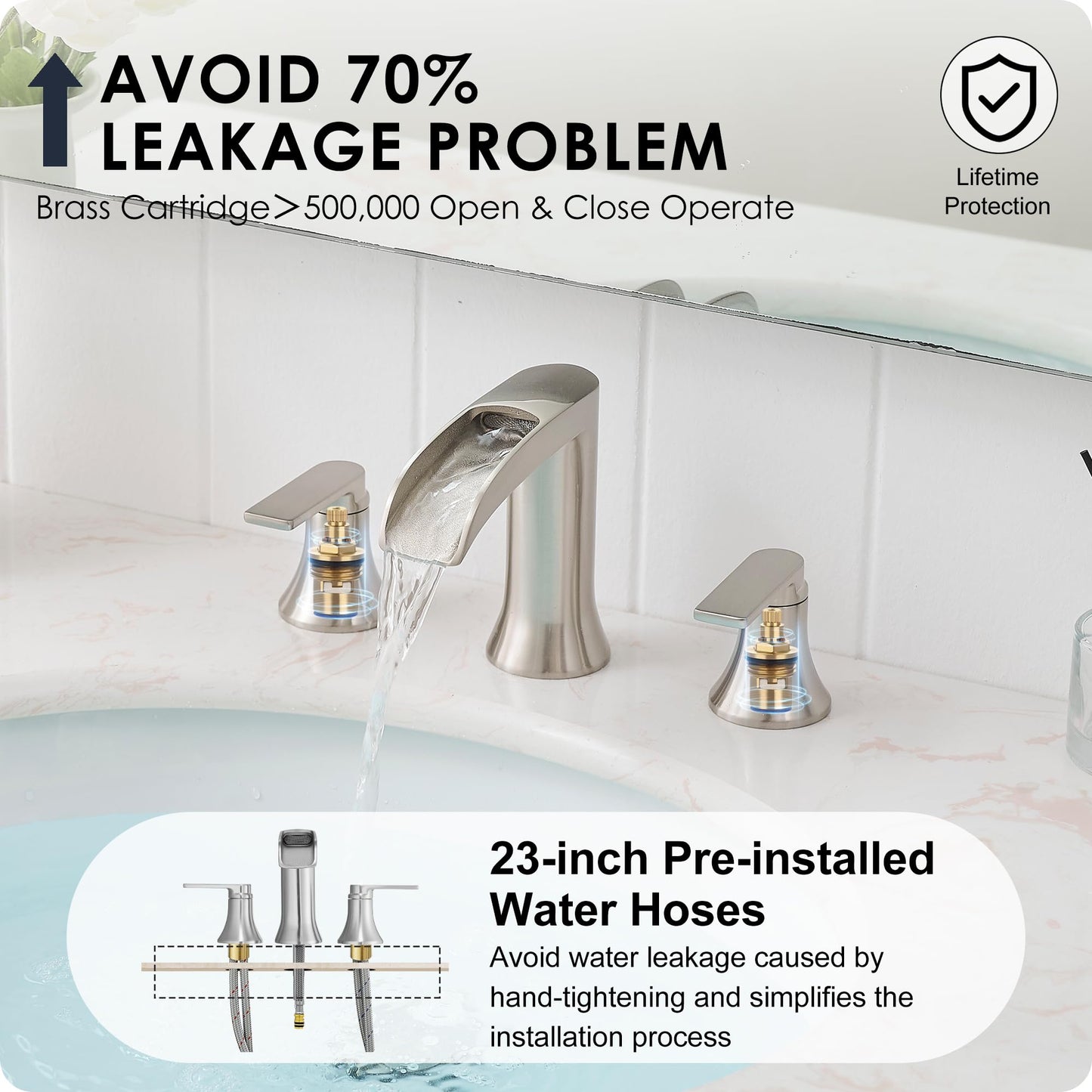 HOIGY Brushed Nickel Bathroom Faucet 3 Hole, 4-8 Inch Waterfall Bathroom Sink Faucet Widespread with Drain & cUPC Supply Hose, 2 Handles for Vanity, Lavatory, Restroom, Brass Material, 10 Mins Install