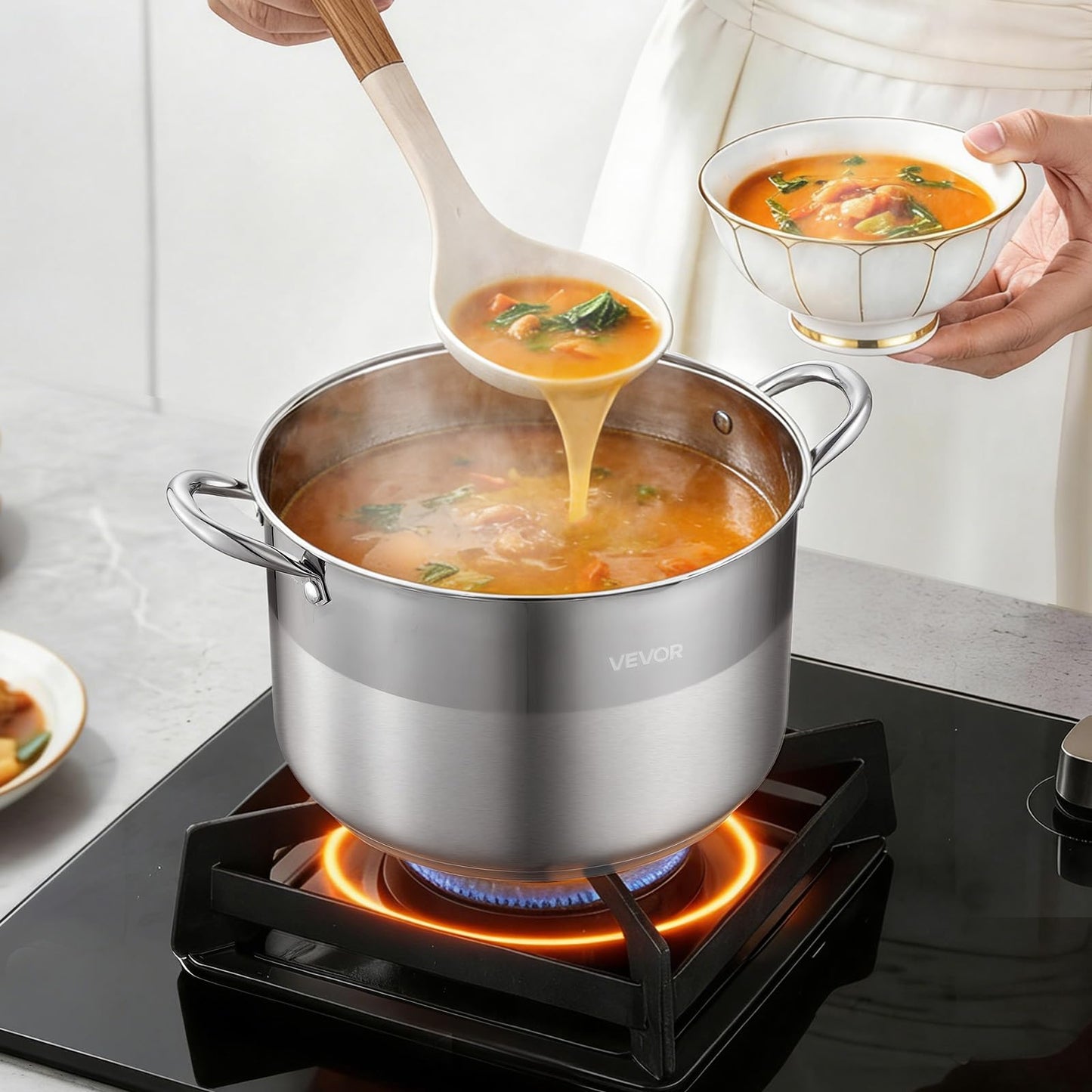 VEVOR Stainless Steel Stock Pot, 12QT Stainless Steel Stockpot with Glass Lid, PFOA-Free, PFAS-Free, Compatible with Gas Stoves, Induction Cooktops, Electric Stoves, for Soups, Stews, and Pasta