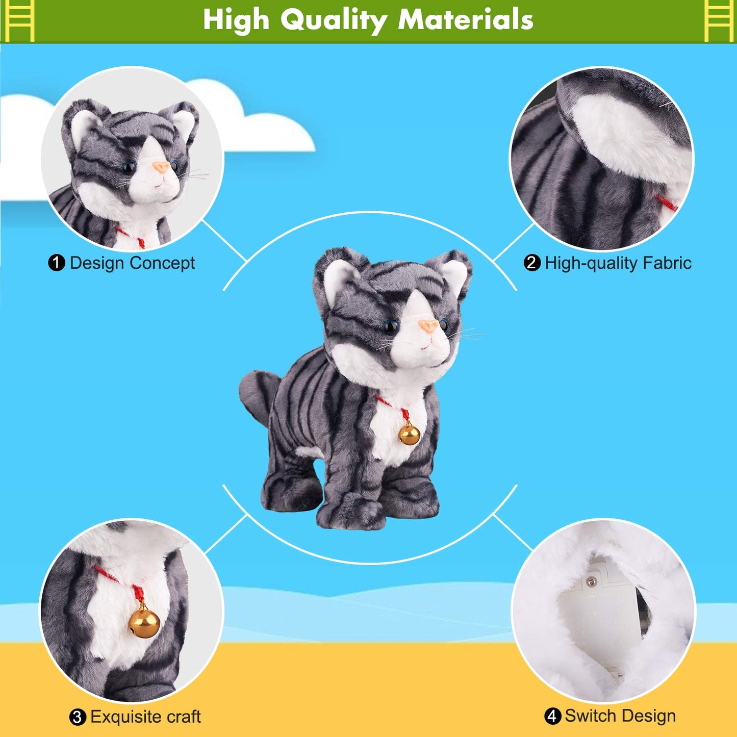 Marsjoy Pattern Gray Robot Cat Plush Cat Stuffed Animal Interactive Cats, Meow Kitten Touch Control, Electronic Cat Pet, Animated Toy Cats for Girls Baby Kids