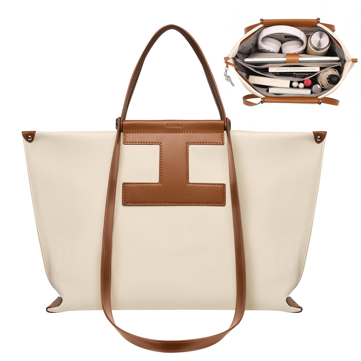 CHUNLI Laptop Tote for Women 15.6 Inch - Professional Work Bag & Structured Business Briefcase, Lightweight Canvas-Look Leather Computer Bag for Office, Teacher