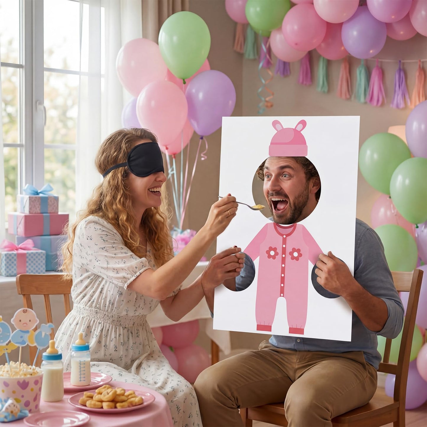 Fiwochic 6 Set Baby Shower Games Feed The Baby, Feed Me Games with 6 Pcs Kt Boards and 6 Pcs Eye Patches for Funny Shower Party Gender Reveal Activities Supplies(Gender-neutral,Multicolor)