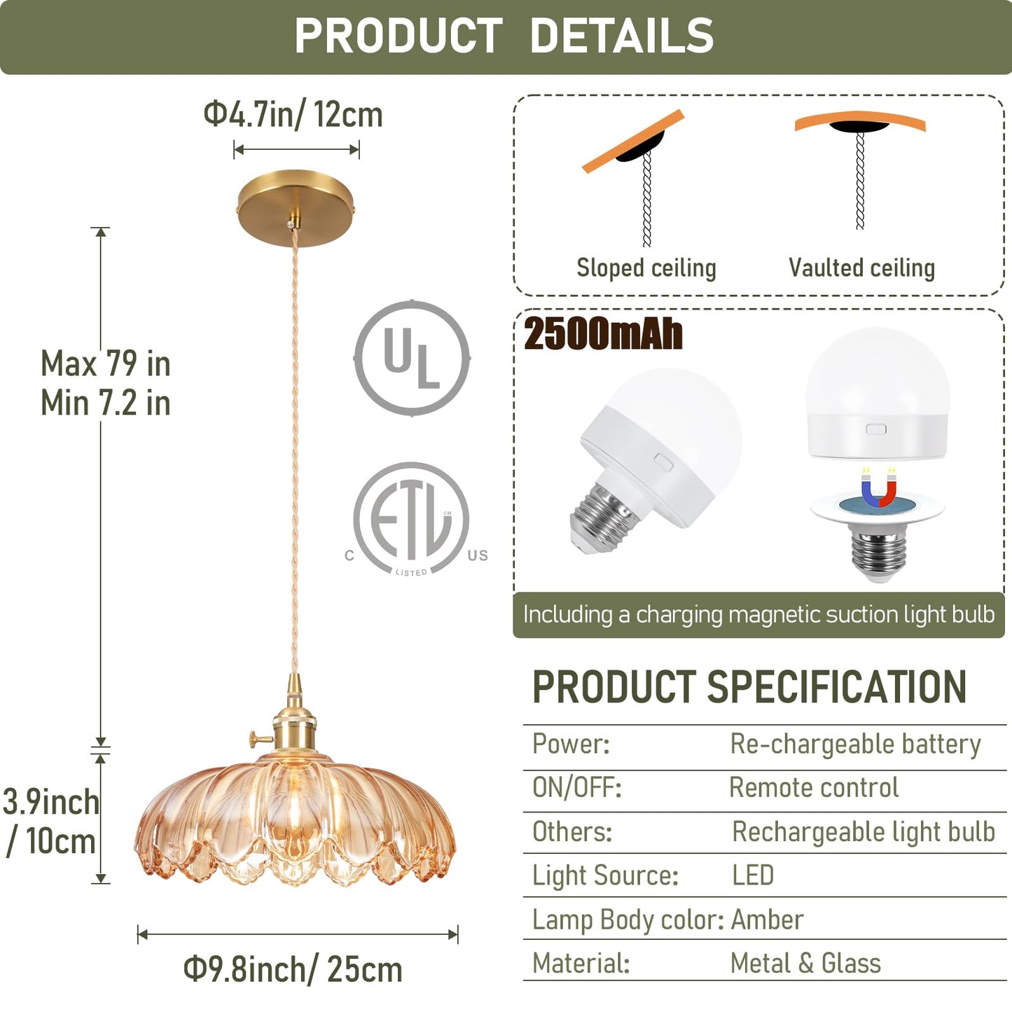 Loiogohot Battery Operated Pendant Light,Vintage Light Fixtures 2500mAh 9.8in RGB Light Bulb with Remote Control Wireless Adjustable Rechargeable Chandelier for Kitchen Island Hallway 1Light