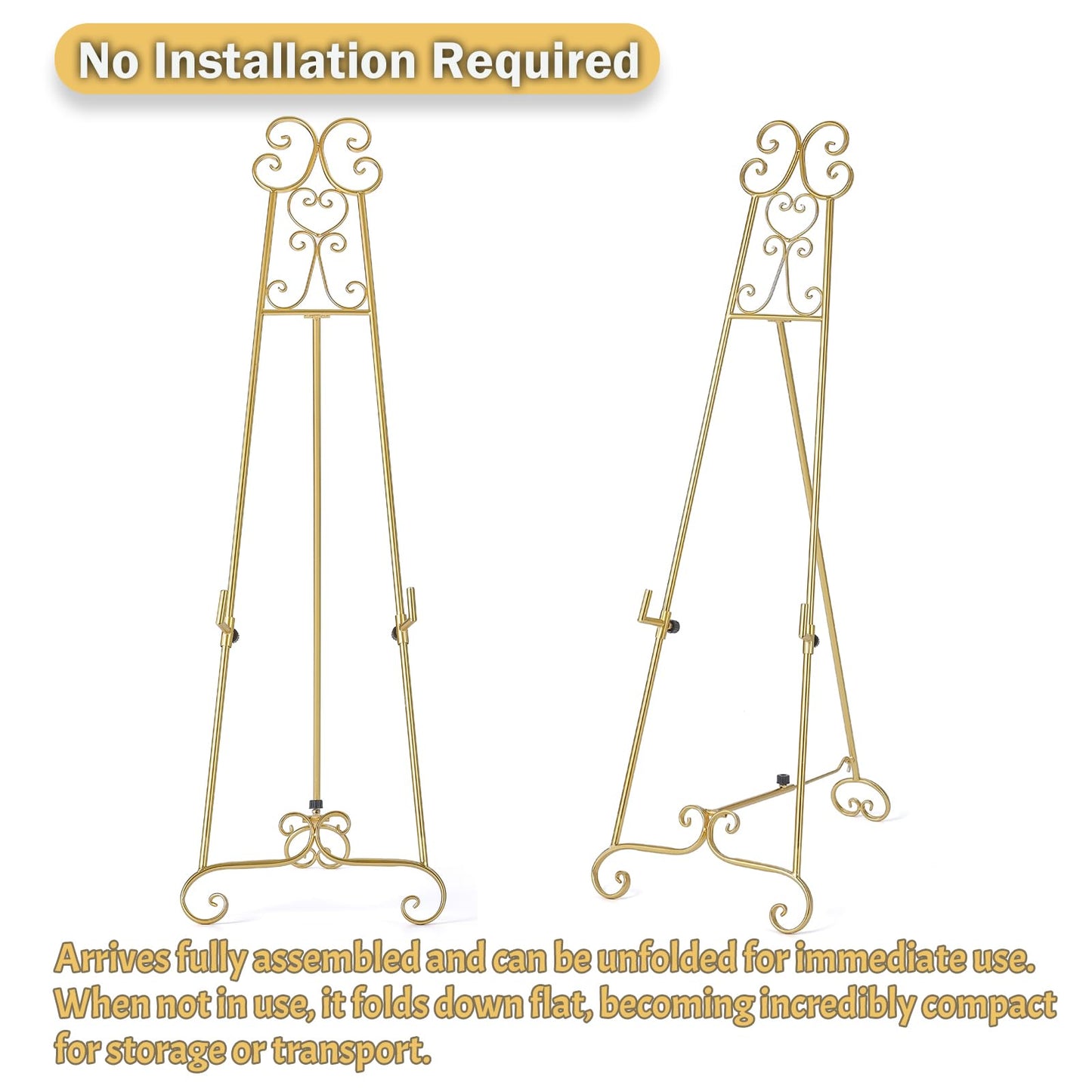 Metal Large Free Standing Adjustable Display Stand Scroll Easel with Chain Support, Gold Easel Stand for Sign, Heavy Duty Easel for Mirror, Wedding, Picture Frame (No Installation Required)