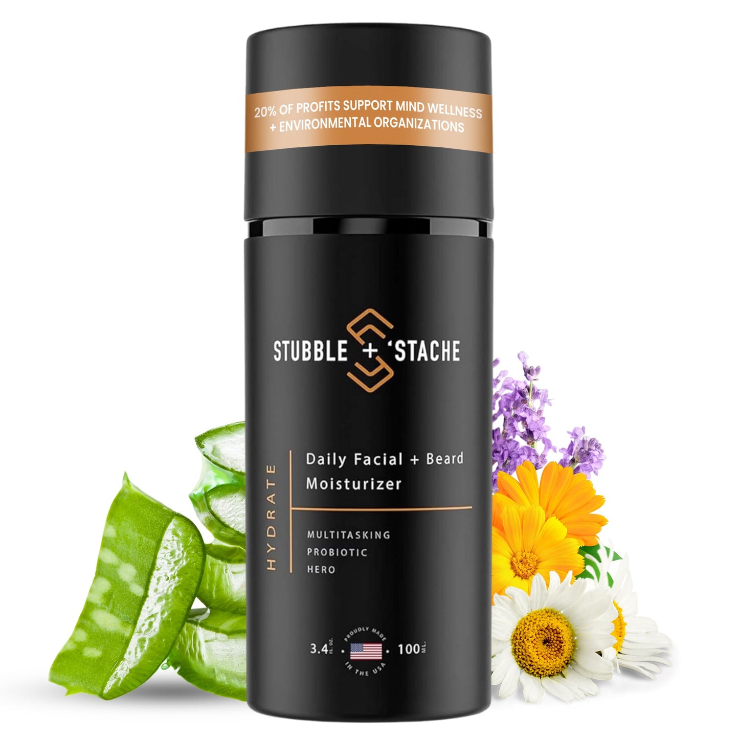 stubble & stache Beard & Face Moisturizer for Men - Hydrating Lotion with Hyaluronic Acid, Niacinamide, Argan Oil, Aloe Vera, Jojoba Oil, & Vitamin A for Dry Skin & Beard Conditioning - 3.4 fl oz