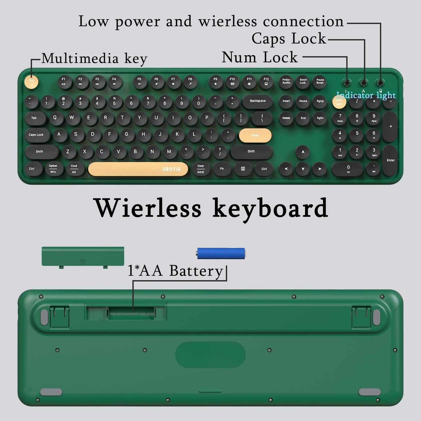 Colorful Wireless Computer Keyboards Mouse Combos, UBOTIE Polychrome Round Keycaps Retro PC Keyboards 2.4GHz Radio Frequency Connection with Optical Mouse(Green-Black)