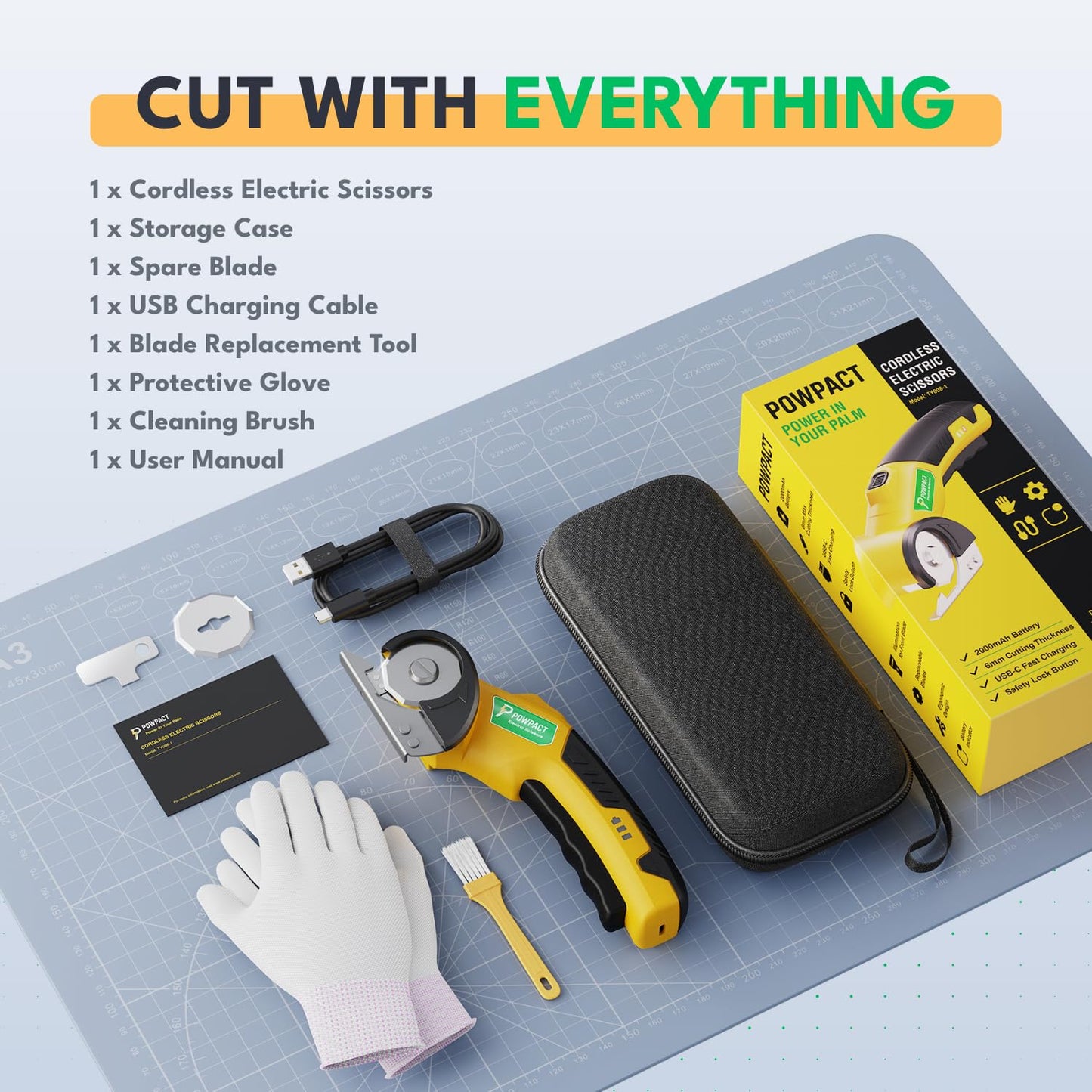 Powpact® High Speed Cardboard Cutter, Cordless Electric Scissors for Cardboard Fabric Carpet, Automatic Electric Box Cutter with Safety Lock - Rechargeable Battery, Heavy Duty Power, Rotary Cutting
