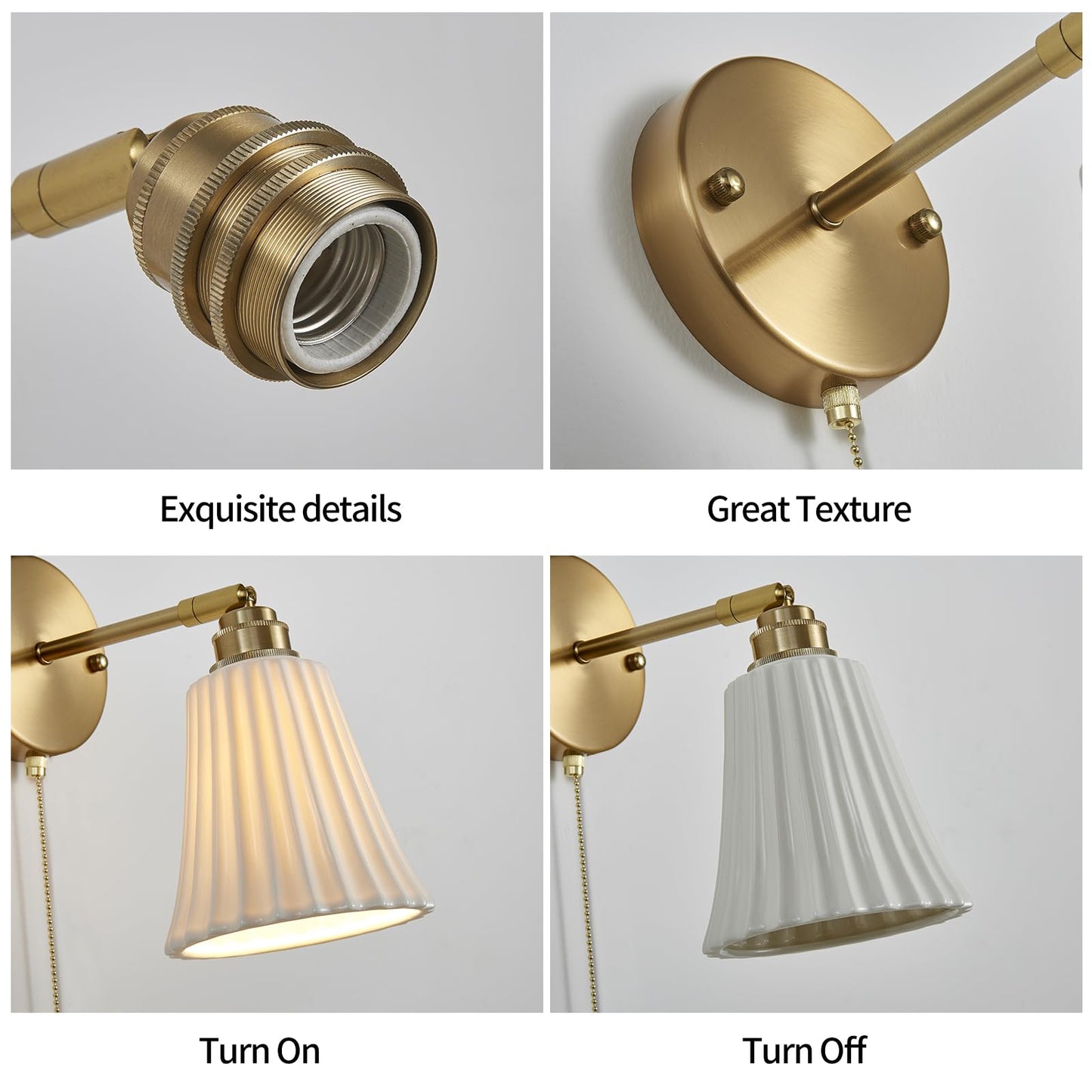 2-Pack Modern Gold Ceramic Hardwired Wall Sconces with Pull Chain Switch & Adjustable Arms – Indoor Wall Light Fixtures for Living Room, Bedroom, Kitchen & Home Office