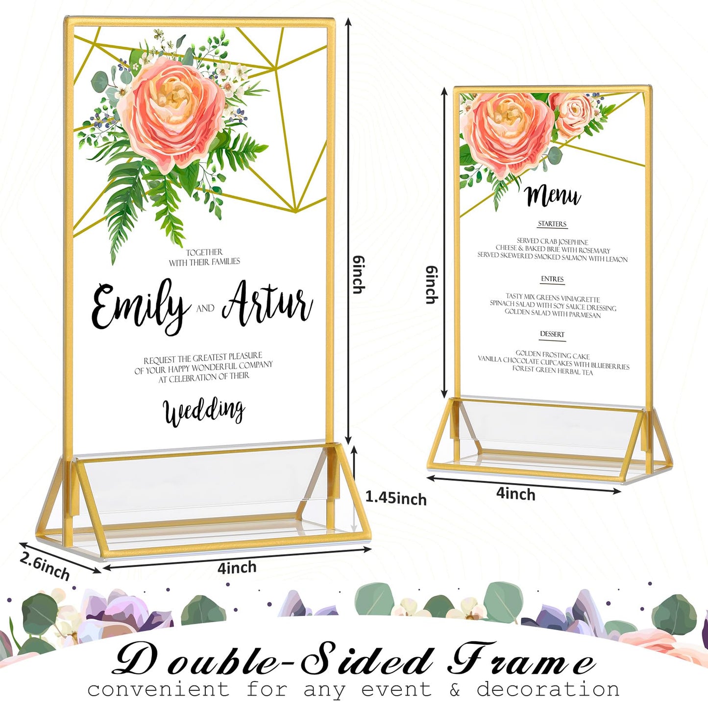 24 Pieces Gold Clear Acrylic Sign Holder Double Sided Menu Holder with Gold Borders Clear Sign Display Holder Acrylic Gold Table Number Holders for Wedding, Cards, and Photo Display (Vertical)