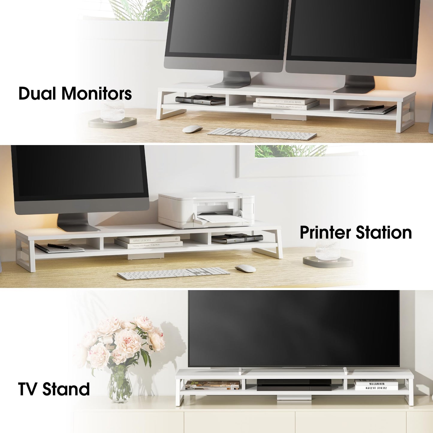 Fenge Dual Monitor Stand for Desk, 42.5in Large Monitor Riser for 2 Monitors, 2 Tier Computer Office Desk Top Shelf, Desktop Storage Stand for Laptop, PC, Computer, Printer