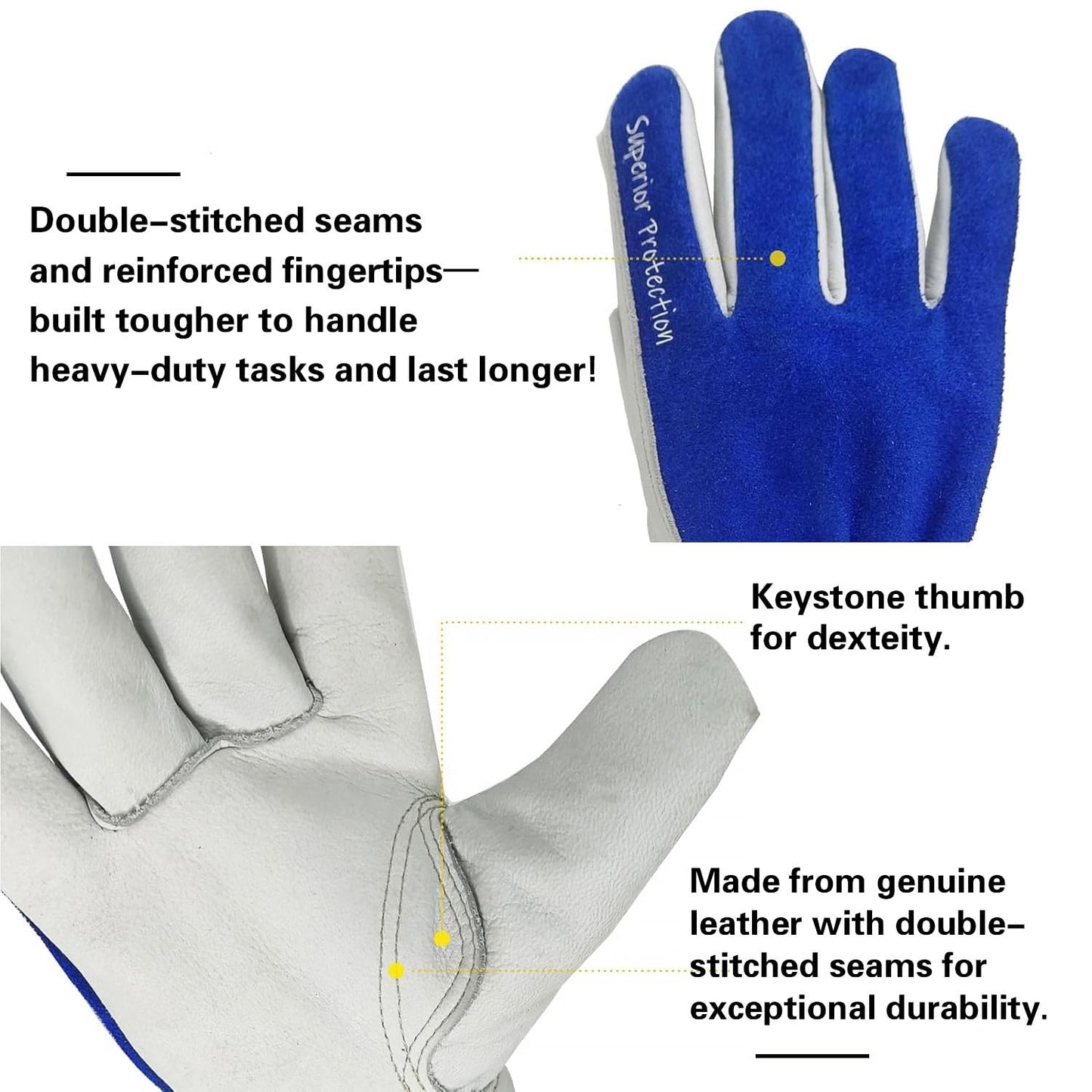 VZT 12 Pairs Bulk Leather Work Gloves for Men or Women for Construction, Wood cutting, Driving, Gardening, Automotive Repair, Water Resistant, Soft, Cowhide, Class 4 Abrasion Resistant, Blue-White, L