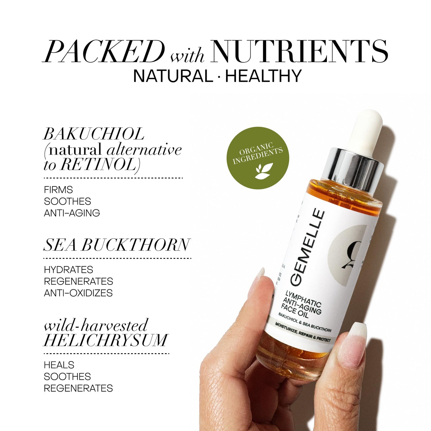 GEMELLE Hydrating Anti-Aging Face Oil | 2024 Product of The Year | Packed with Vitamins C,E & A | Moisturize, Repair & Protect | Bakuchiol, Sea Buckthorn & More! | Lymphatic, Natural, Clean 30ml