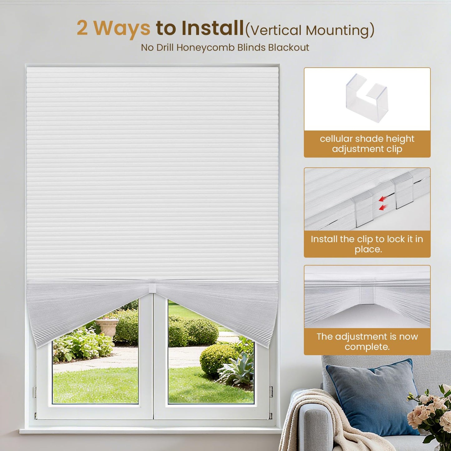 Grandekor Half Circle Arch Window Shade Blackout 72" Wx36 H No Drill Honeycomb Blinds for Kitchen Nursery Living Room Bedroom Easy Install Cellular Shades White