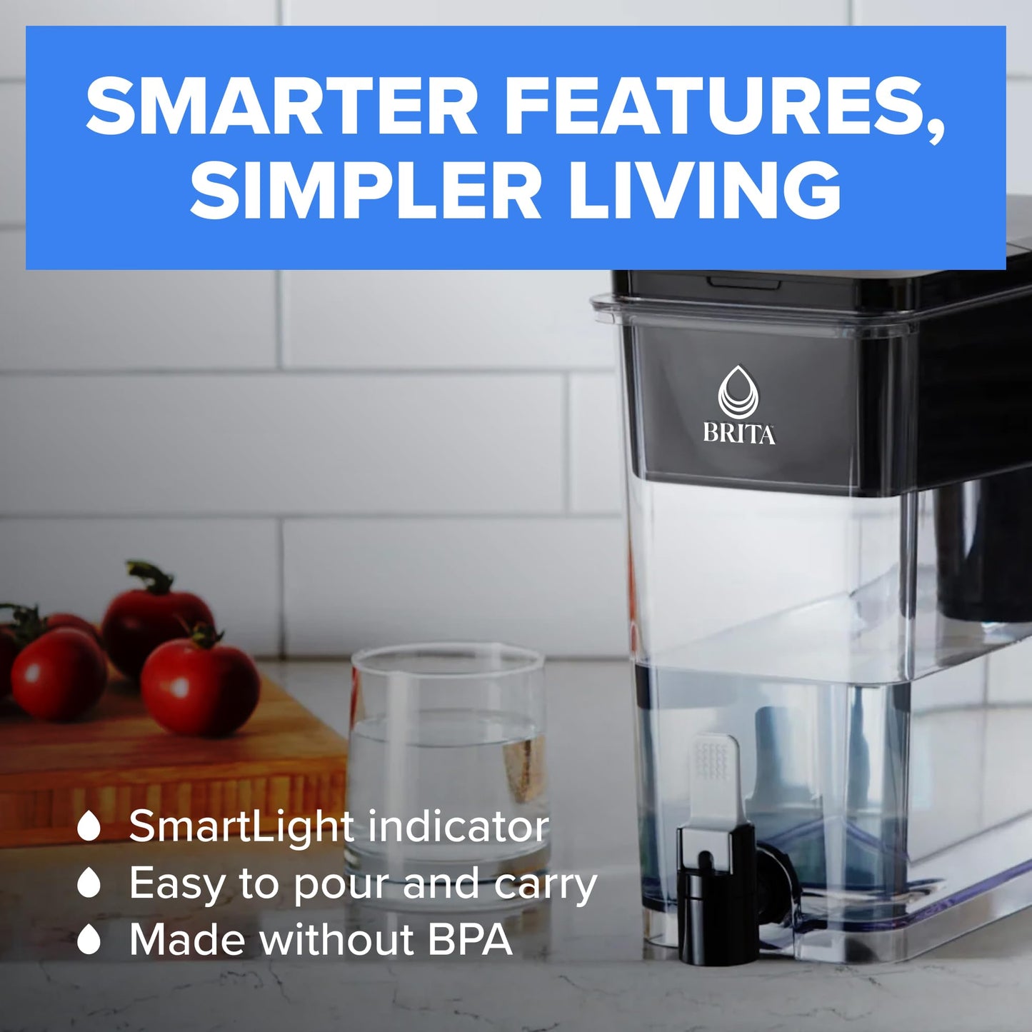 Brita Extra-Large 27-Cup Water Dispenser with BritaPlus Filter, WQA NSF/ANSI Certified, Reduces 2X Contaminants vs. Standard, Reduces Chlorine, Zinc, Copper, Mercury & More, 1 Filter Included, Black