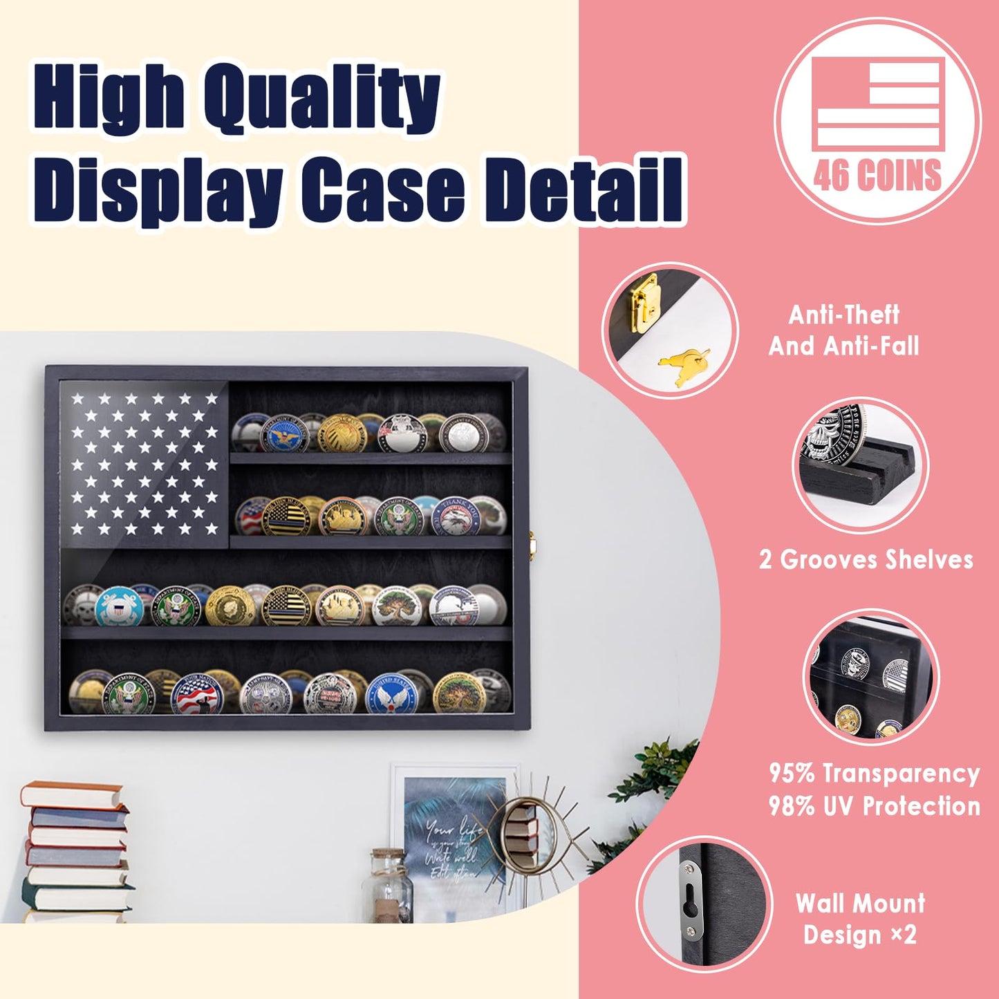 Military Challenge Coin Display Case, 16”x12” Wooden American Flag Medal Shadow Box with Anti-Fade UHD Acrylic Door, Gold-Antitheft Lock, 2 Groove Shelves and Wall Mount (Black184)