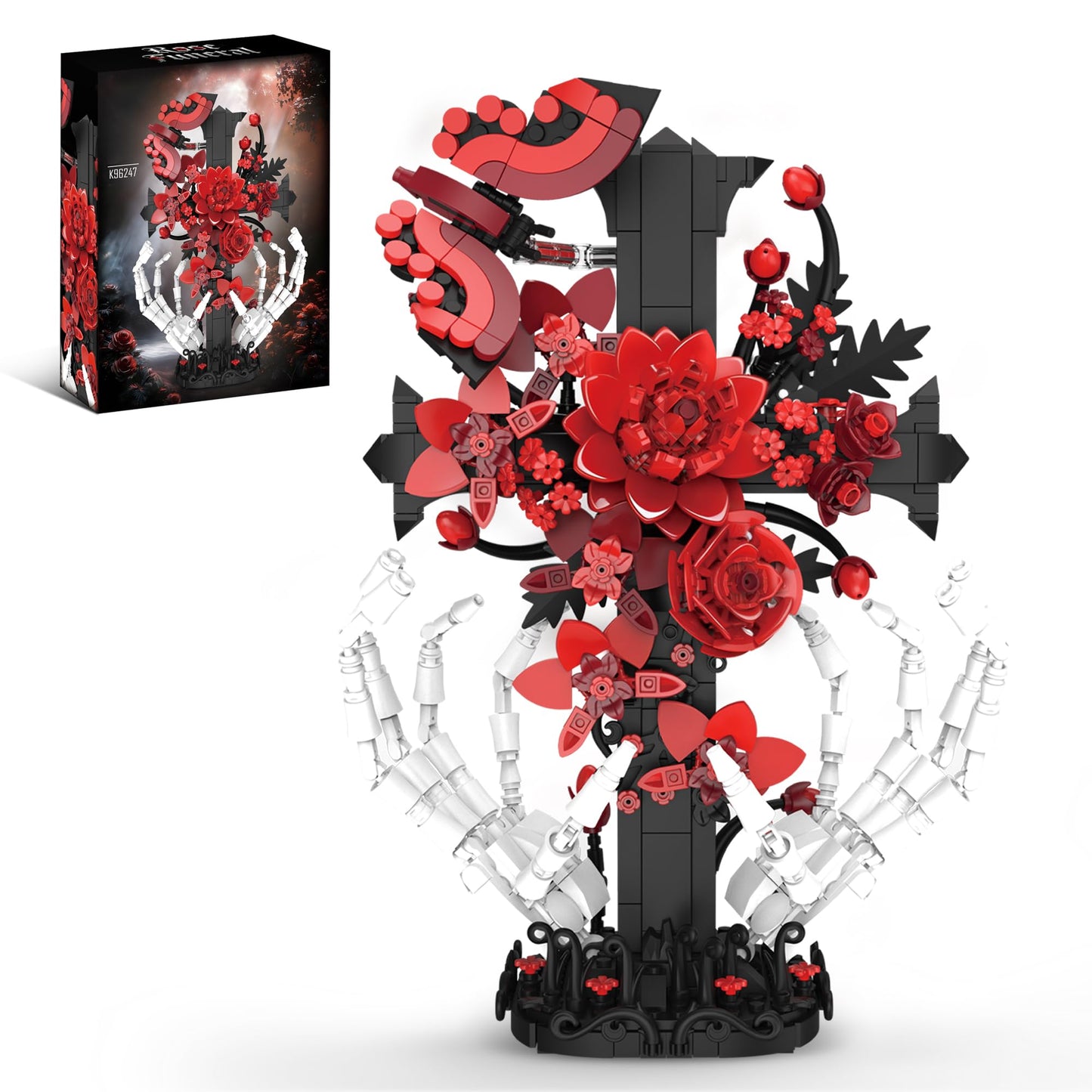 chanbrick Jesus Cross Building Set with Flower & Skull Hand for Adults, Gothic Crucifix Rose Skeleton Collectible Model for Women Home Art Decor