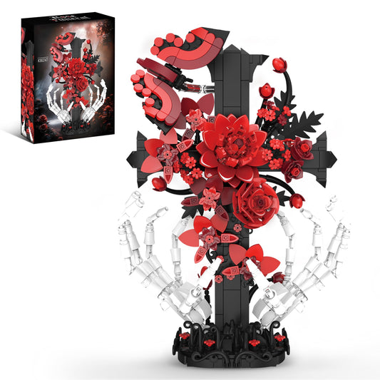 chanbrick Jesus Cross Building Set with Flower & Skull Hand for Adults, Gothic Crucifix Rose Skeleton Collectible Model for Women Home Art Decor