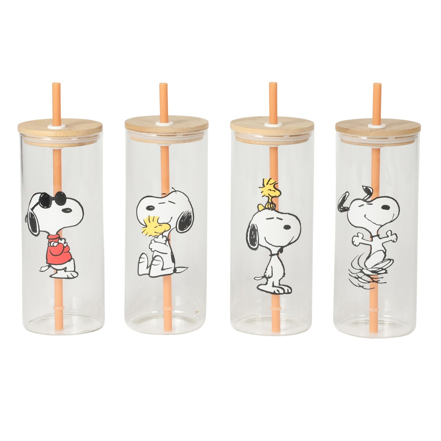 Peanuts Snoopy Happy Sips 4 Piece 23 OZ Tumbler Set with 4 Bamboo Lids and 4 Straws Set, Iced Coffee, Smoothie, Water Cup - Dishwasher Safe