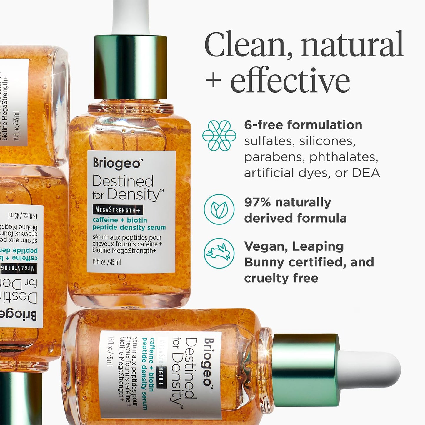 Briogeo Destined For Density MegaStrength+ Caffeine + Biotin Peptide Density Serum, Increases Hair Thickness and Volume, Fast-Absorbing & Non-Greasy, Fragrance-Free, Vegan, Cruelty-Free, 1.5 fl oz