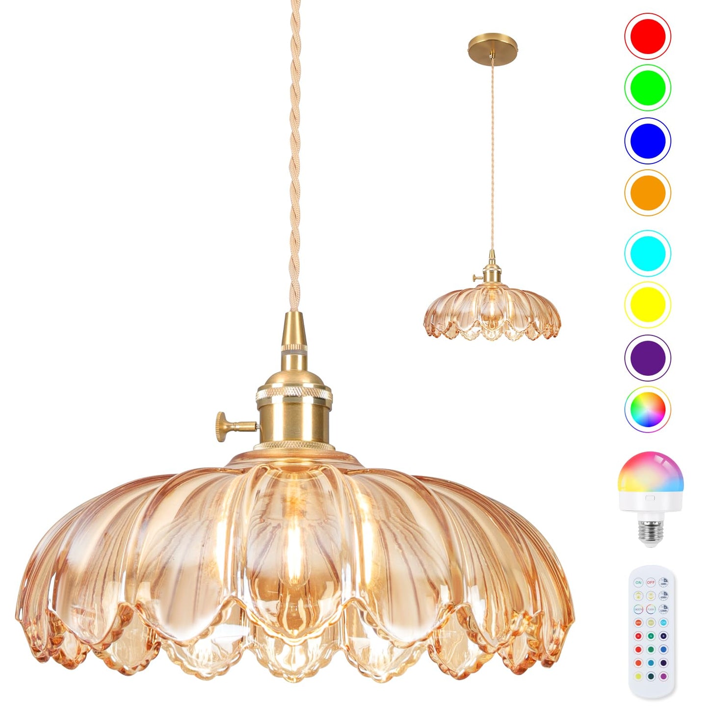 Loiogohot Battery Operated Pendant Light,Vintage Light Fixtures 2500mAh 9.8in RGB Light Bulb with Remote Control Wireless Adjustable Rechargeable Chandelier for Kitchen Island Hallway 1Light