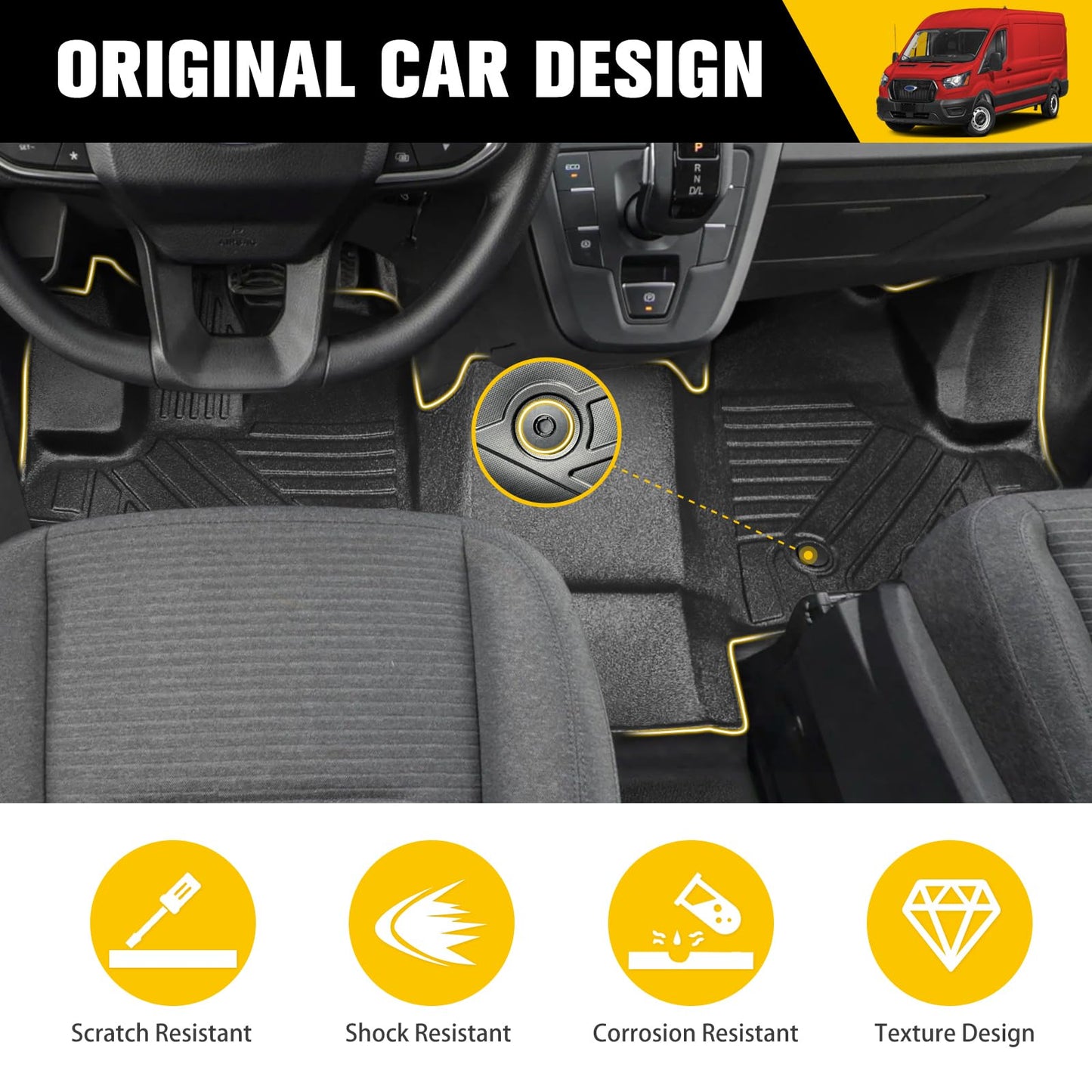 JTYZSM Floor Mat Front Liner Only for 2022-2024 Ford Transit(All Models with Vinyl Floors), All Weather TPE Cargo Mat for 2022 2023 2024 Transit Front 1st Row Accessories