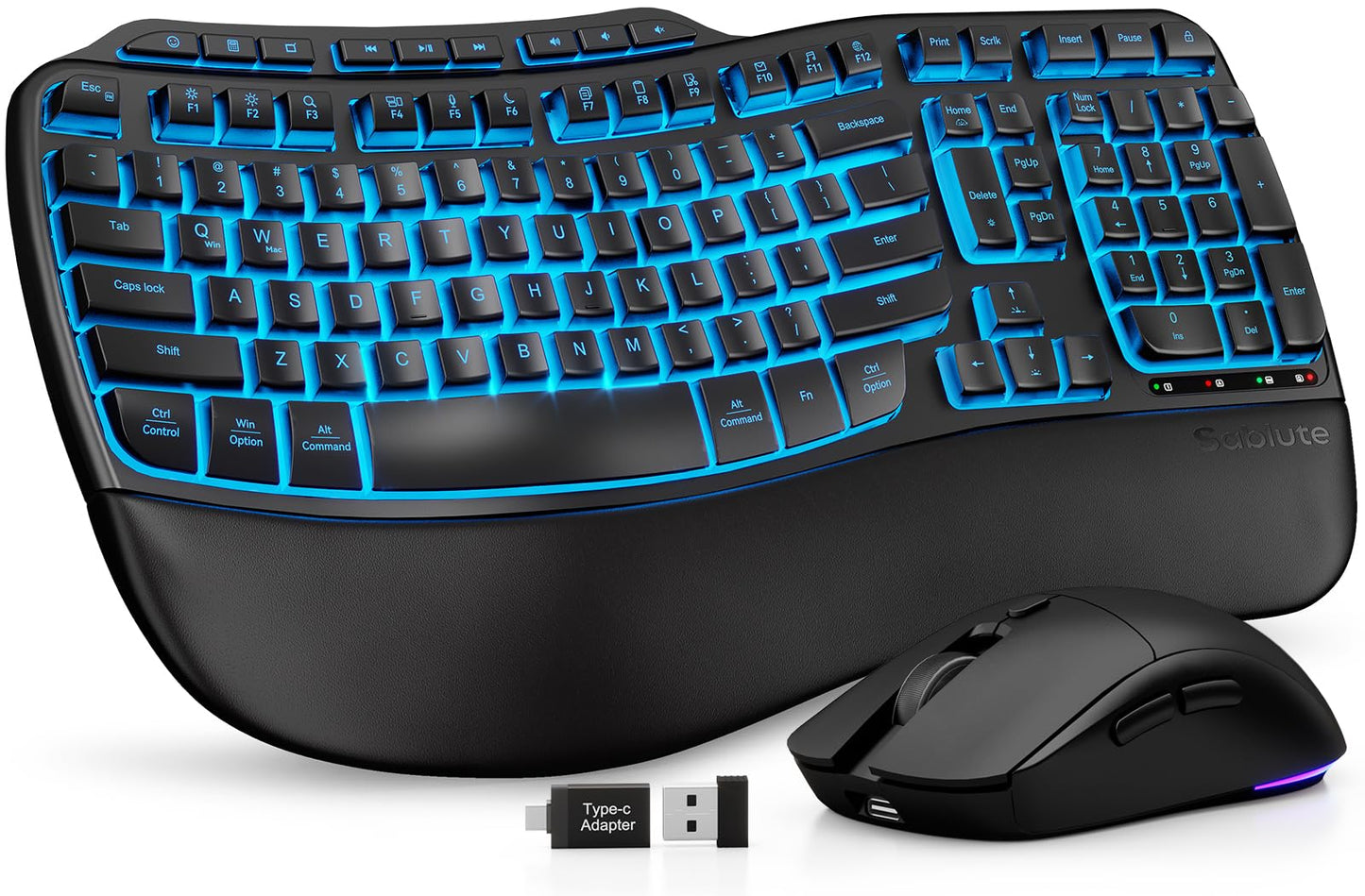 Ergonomic Wireless Keyboard and Mouse Combo, Rechargeable 4000mAh Backlit Keyboard with a Soft, Faux Lambskin Palm Rest, Wave Keys for Natural Typing, Compatible with Windows/Mac/Chromes OS—SABLUTE