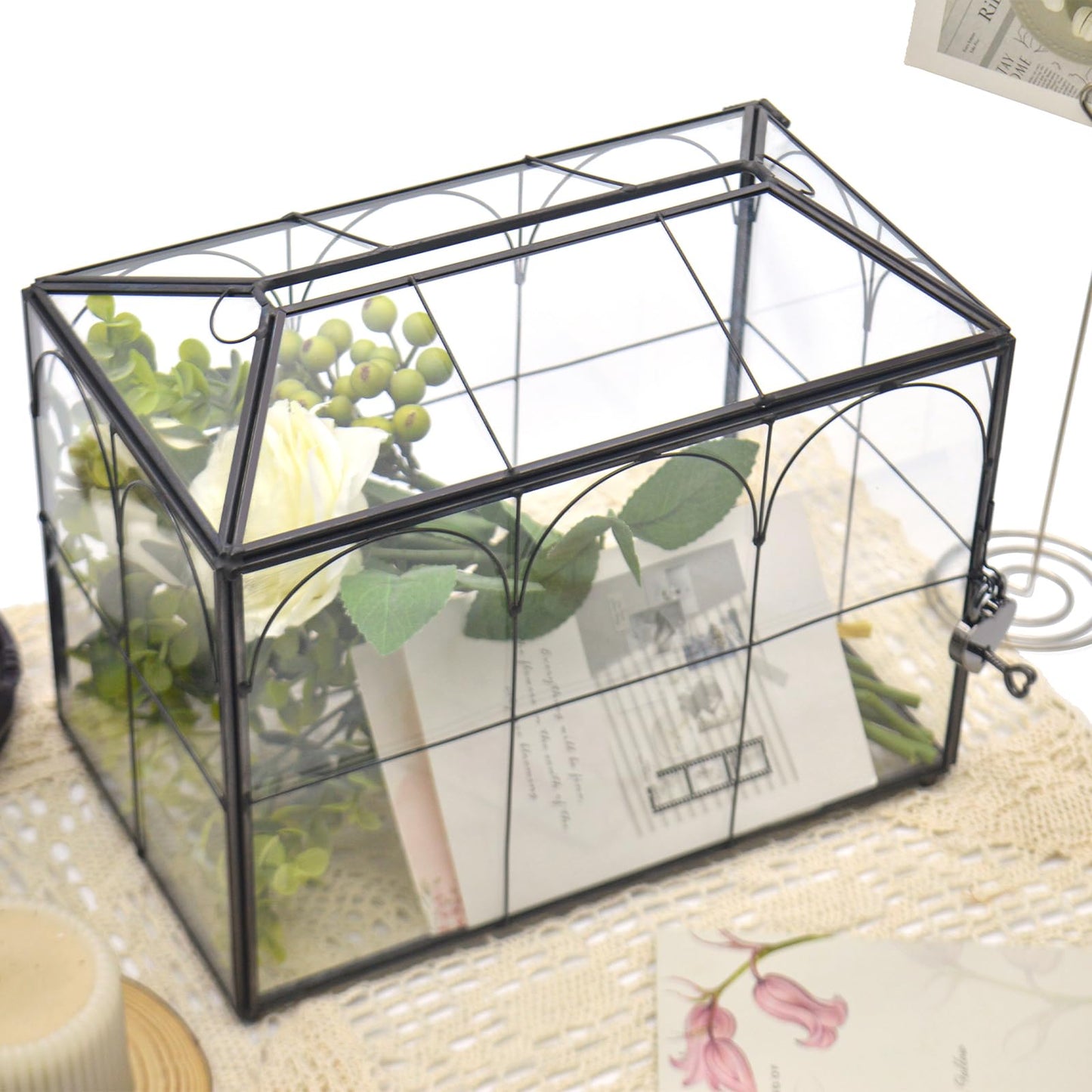 Gimotar Large Black Glass Card Box with Lock and Slot - Wedding Envelope Card Holder for Reception - Clear Lock Box with Key - Geometric Handmade Vintage Card Box for Wedding Party (Medium-Black)