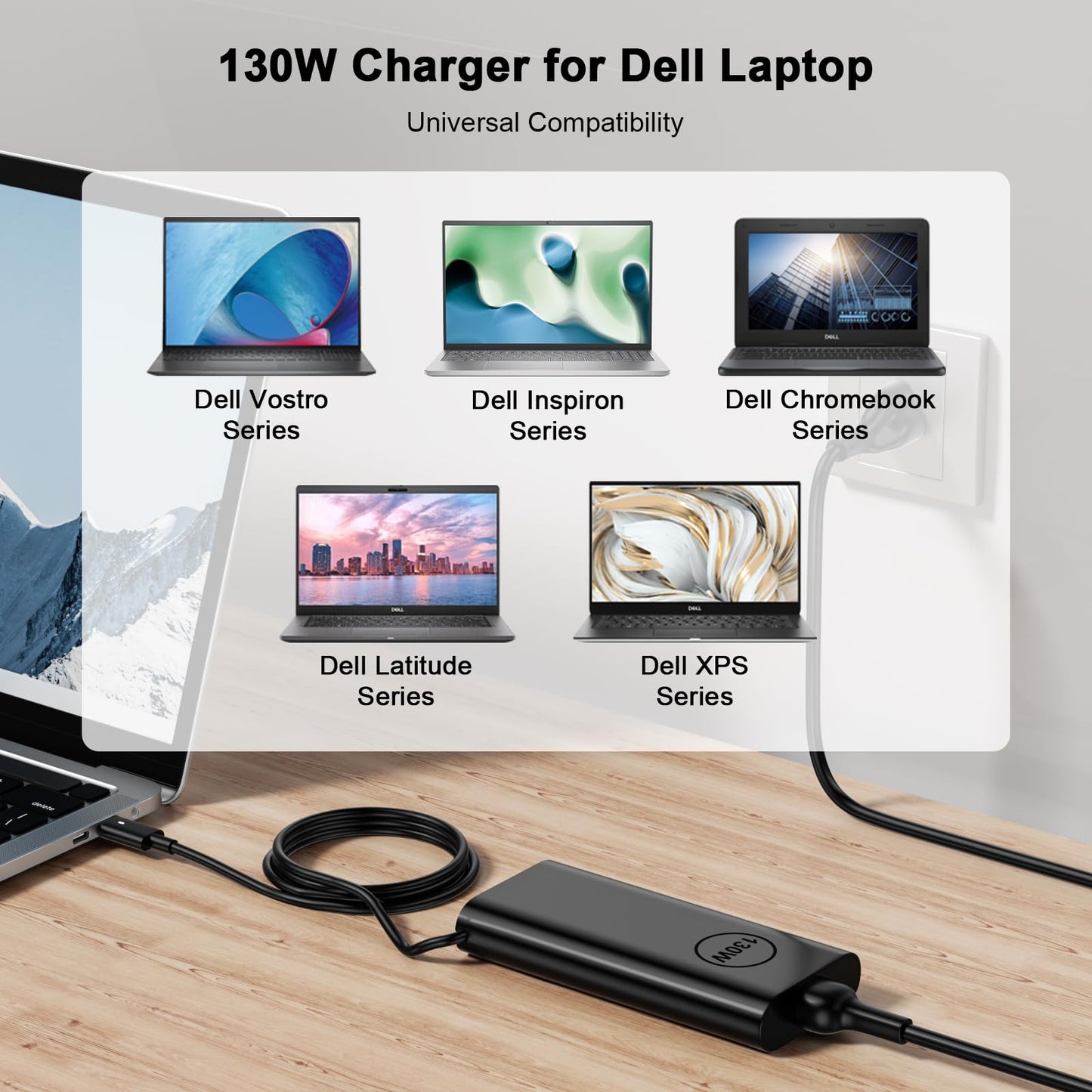 130W USB C Type C Laptop Charger Compatible with Dell XPS 15 2in1 9575 Latitude 9410 9510 9575 7310 7410 7210 5420 5510 5520 Precision 5530 2in1 5550 5750 3560 3550 3551 Type C AC Adapter