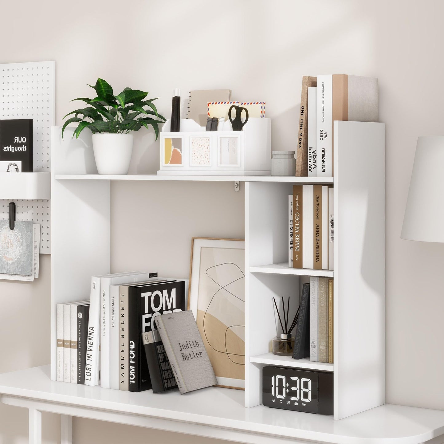 FTZxHKLX Desk Shelf, 37.4’’ Wooden Desktop Organizer Shelf, 3 Tier Desk Display Rack, Desk Hutch with 3 Shelves for Computer Monitor, Multipurpose Desktop Bookshelf for Home Office Dorm, White