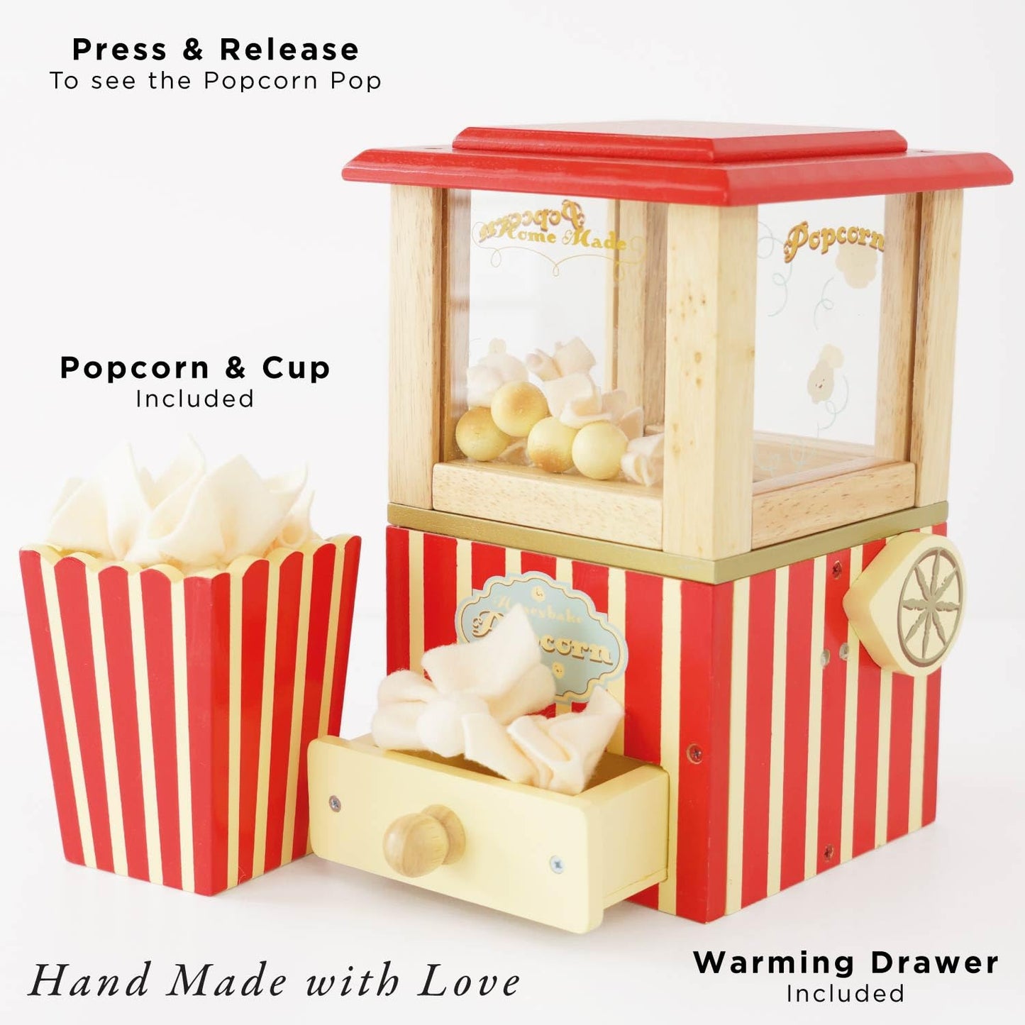 Le Toy Van - Wooden Honeybake Retro Popcorn Machine | Cinema, Kitchen Or Movies Pretend Play | Movie Night Role Kids Play Toy