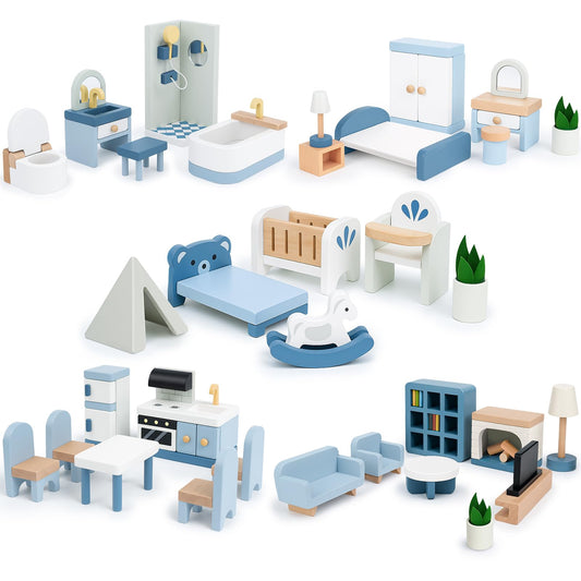 Wooden Dollhouse Furniture Set, Sanlebi Doll House Accessories and Furniture, Miniature Furniture Including 5 Room Kits, Pretend Play Toy Gift for Boys Girls Toddler 3+