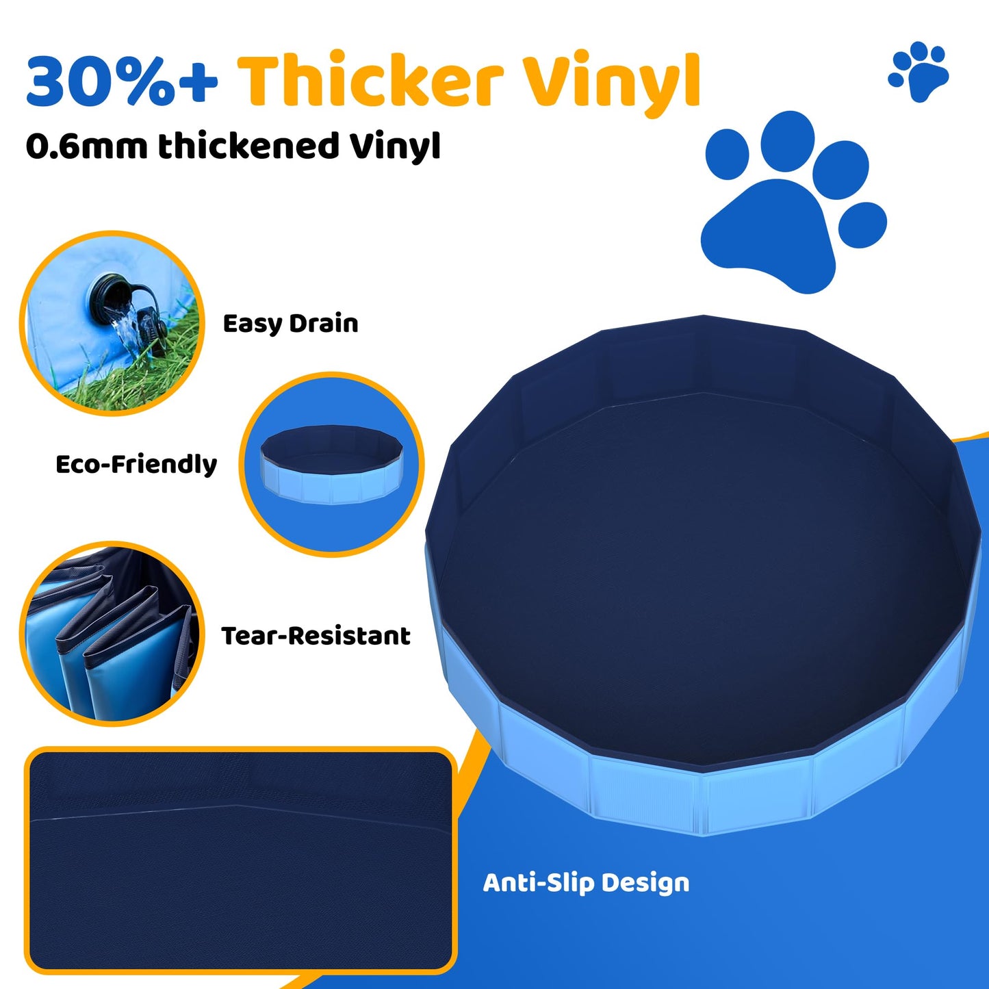 CACSPS 48" x 12" Foldable Dog Pool - Collapsible Hard Plastic Kiddie Pool for Dogs & Kids, Non-Slip Pet Bath Tub for Outdoor Backyard Use, Lightweight & Portable (Blue)